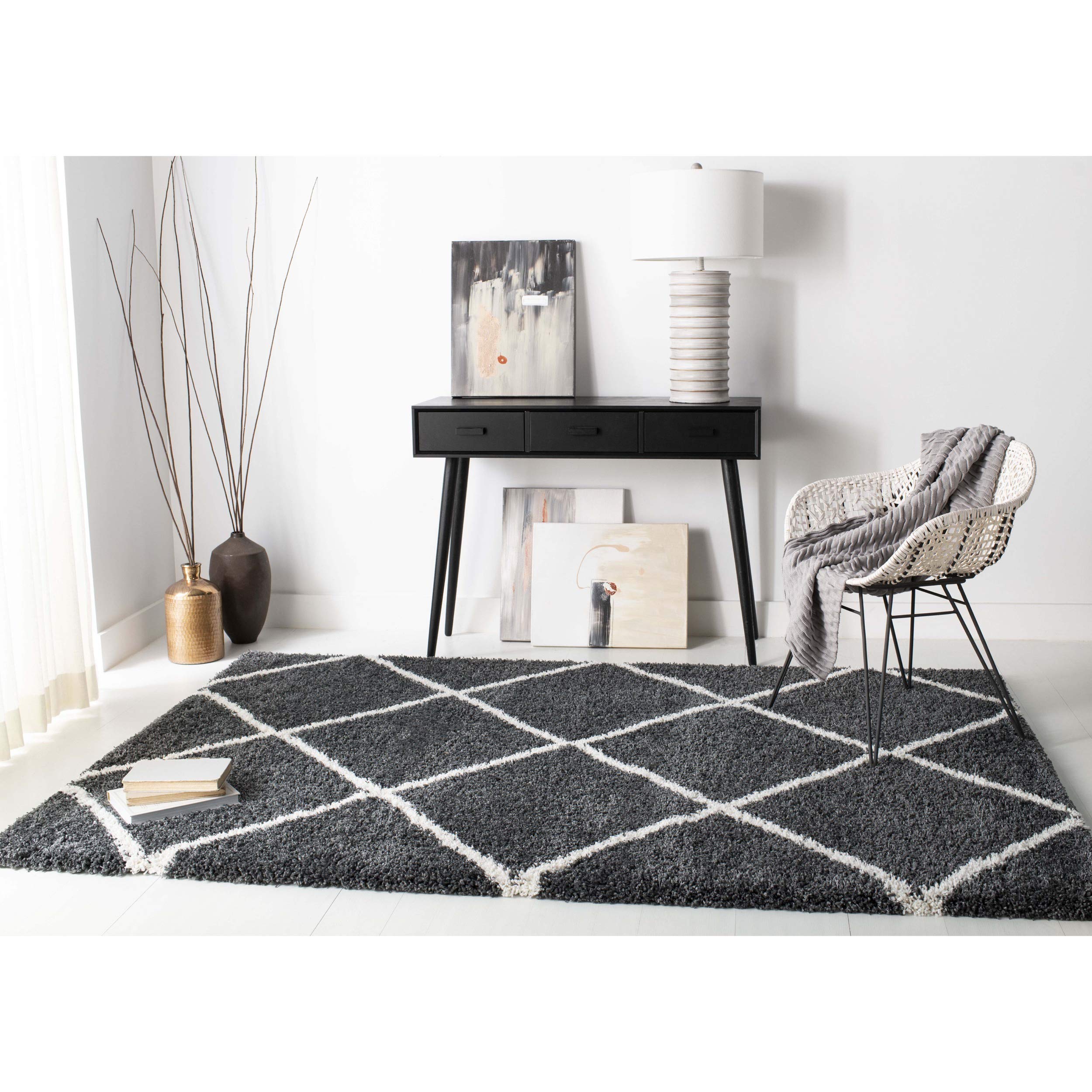 SAFAVIEH Hudson Shag Collection Area Rug - 5'3" x 7'6", Beige & Ivory, Modern Trellis Design, Non-Shedding & Easy Care, 2-inch Thick Ideal for High Traffic Areas in Living Room, Bedroom (SGH281S)