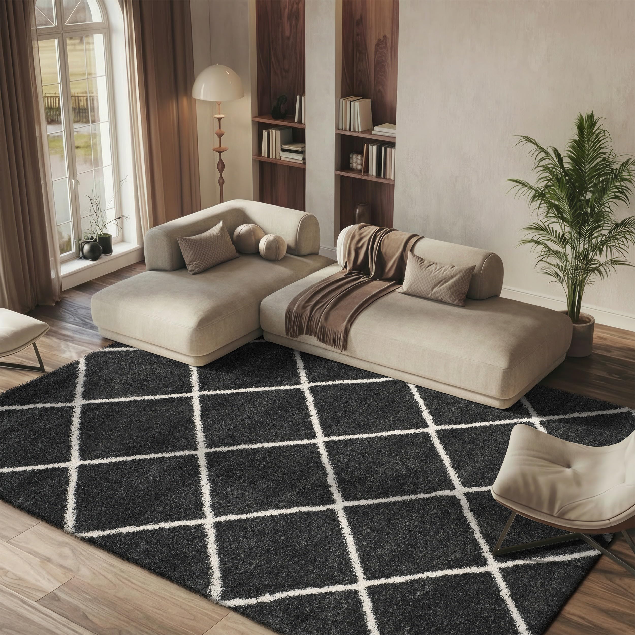 SAFAVIEH Hudson Shag Collection Area Rug - 5'3" x 7'6", Beige & Ivory, Modern Trellis Design, Non-Shedding & Easy Care, 2-inch Thick Ideal for High Traffic Areas in Living Room, Bedroom (SGH281S)