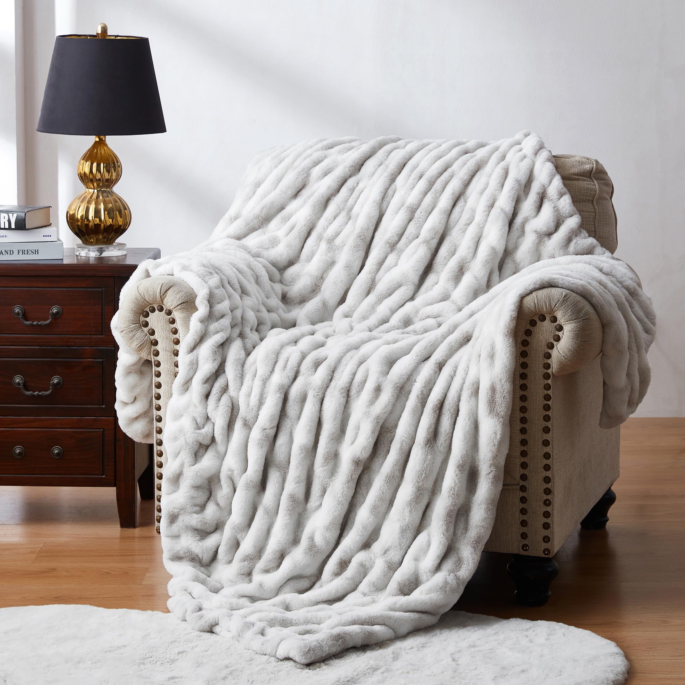 WDCOZY Ruched Faux Fur Throw Blanket Soft Cozy Fluffy Luxurious Blankets Couch Bed Sofa Chair Home Decor Warm Furry Fall Winter Plush Rabbit Fur Bubble Blanket 50" x 60", Caramel Beige Camel Neutral