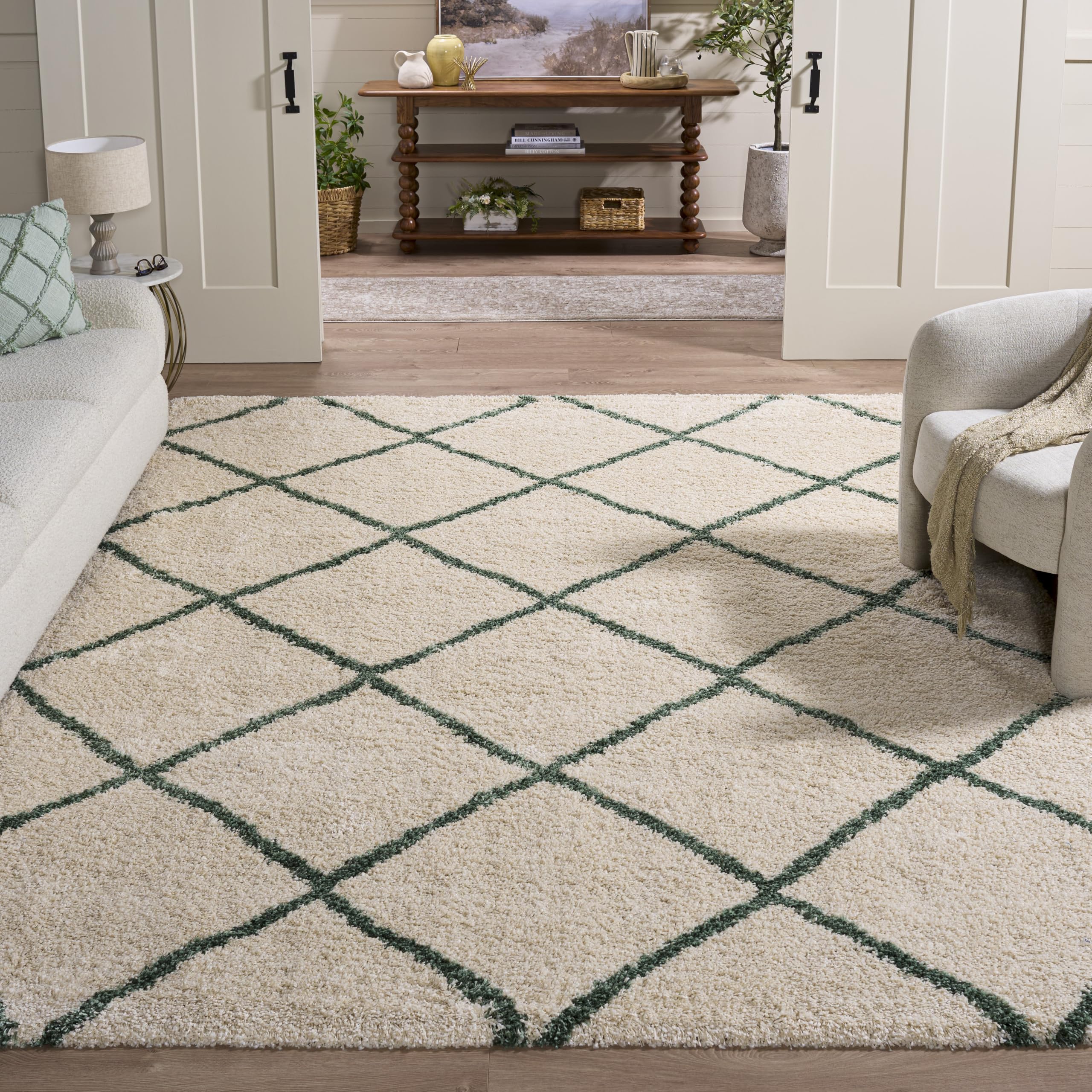 SAFAVIEH Hudson Shag Collection Area Rug - 5'3" x 7'6", Beige & Ivory, Modern Trellis Design, Non-Shedding & Easy Care, 2-inch Thick Ideal for High Traffic Areas in Living Room, Bedroom (SGH281S)