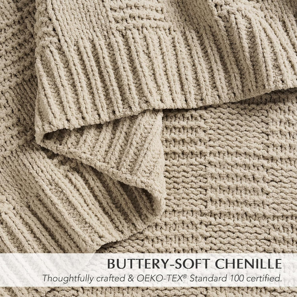 EVERGRACEHOME Modern Checkered Chenille Throw Blanket, Soft Cozy Plaid Knitted Chair Blanket for Sofa Couch, Decorative Knit Throw for Bed and Living Room, Sand Dune, 50" x 60"