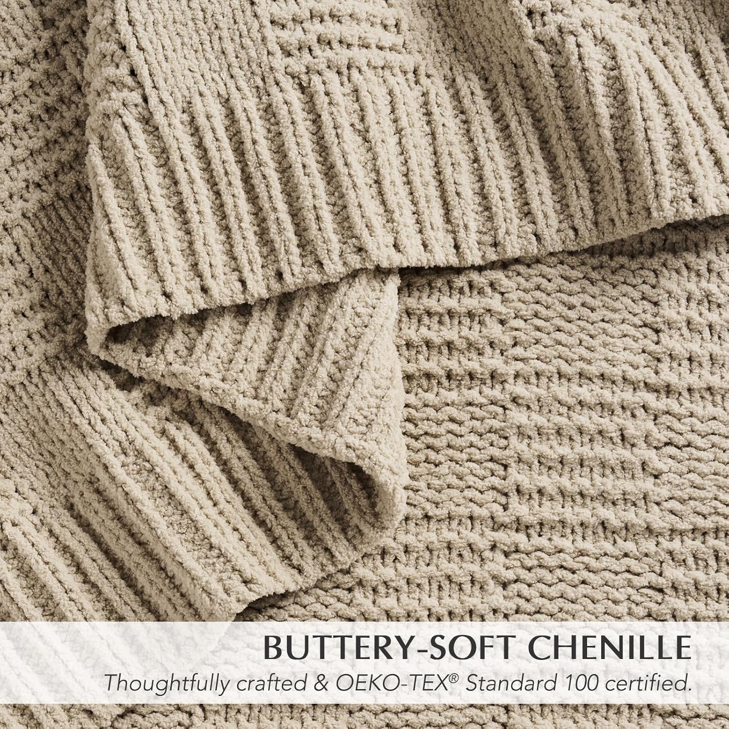 EVERGRACEHOME Modern Checkered Chenille Throw Blanket, Soft Cozy Plaid Knitted Chair Blanket for Sofa Couch, Decorative Knit Throw for Bed and Living Room, Sand Dune, 50" x 60"