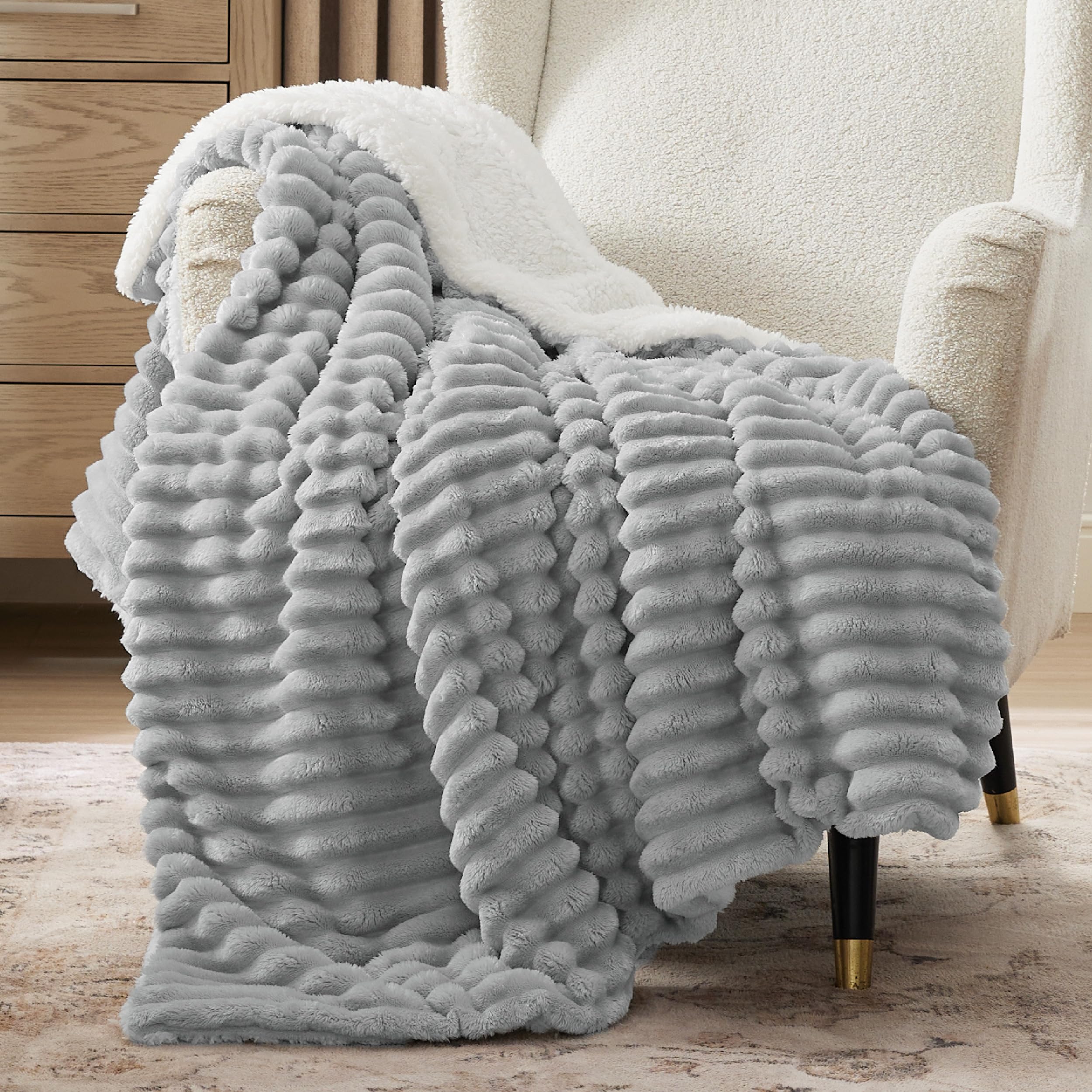 Beige Sherpa Fleece Blanket 50×60", Warm Fluffy Throw for Home Decor & Gift