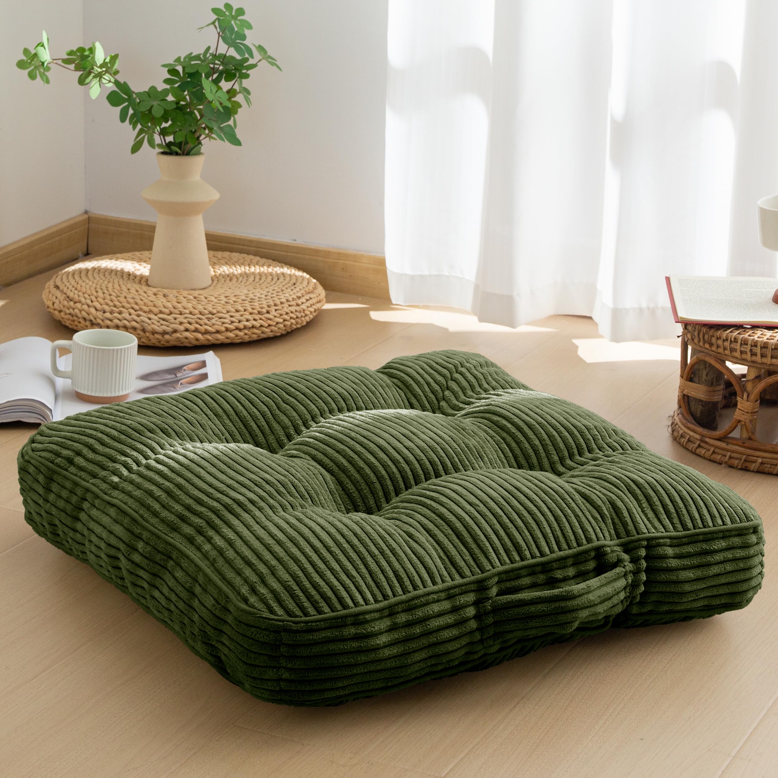HIGOGOGO Floor Pillow Cushion for Adults, Meditation Cushion Pillow, Large Round Floor Sitting, Tufted Corduroy Cover, for Tatami Living Room or Yoga, 22x22 Inch, Beige