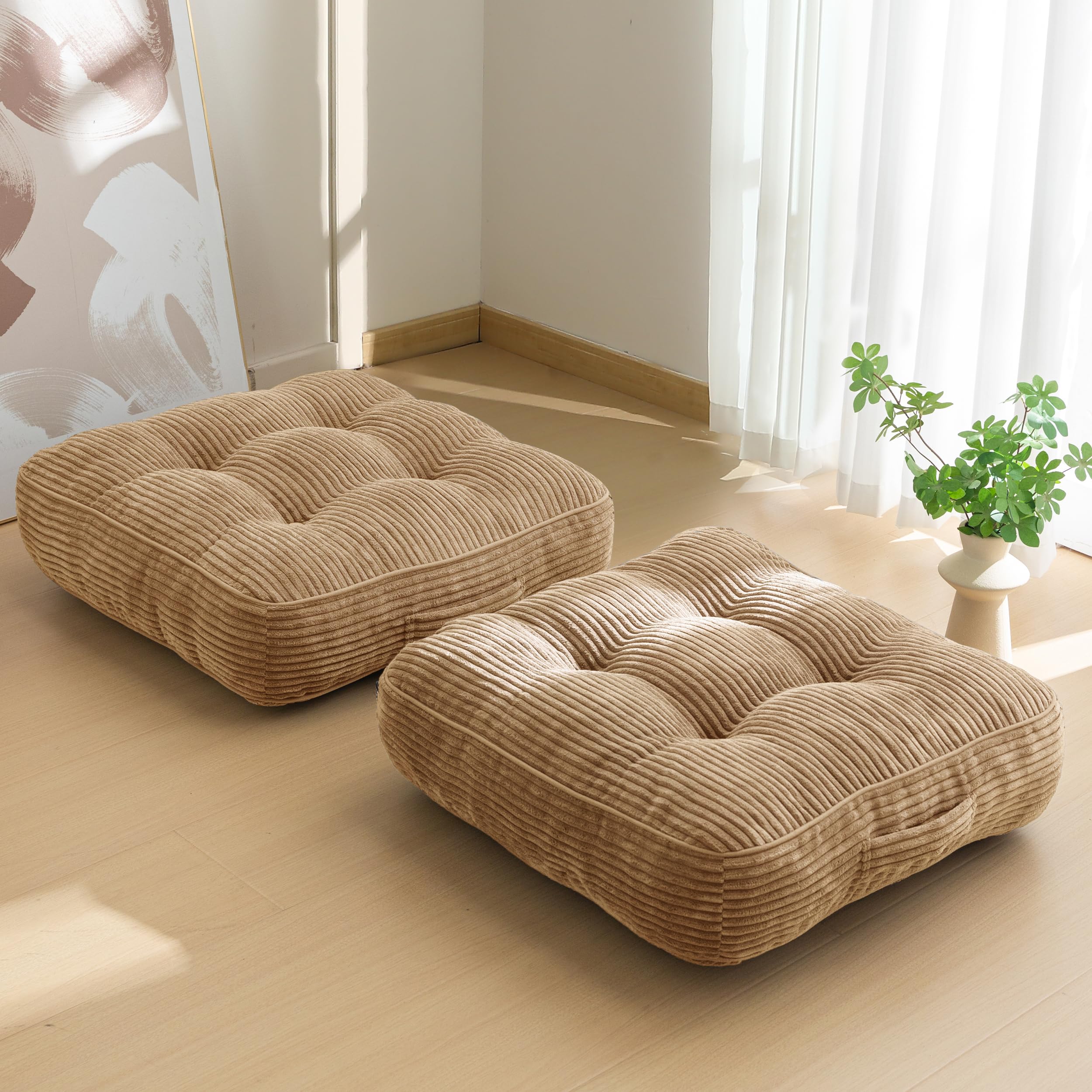 HIGOGOGO Floor Pillow Cushion for Adults, Meditation Cushion Pillow, Large Round Floor Sitting, Tufted Corduroy Cover, for Tatami Living Room or Yoga, 22x22 Inch, Beige