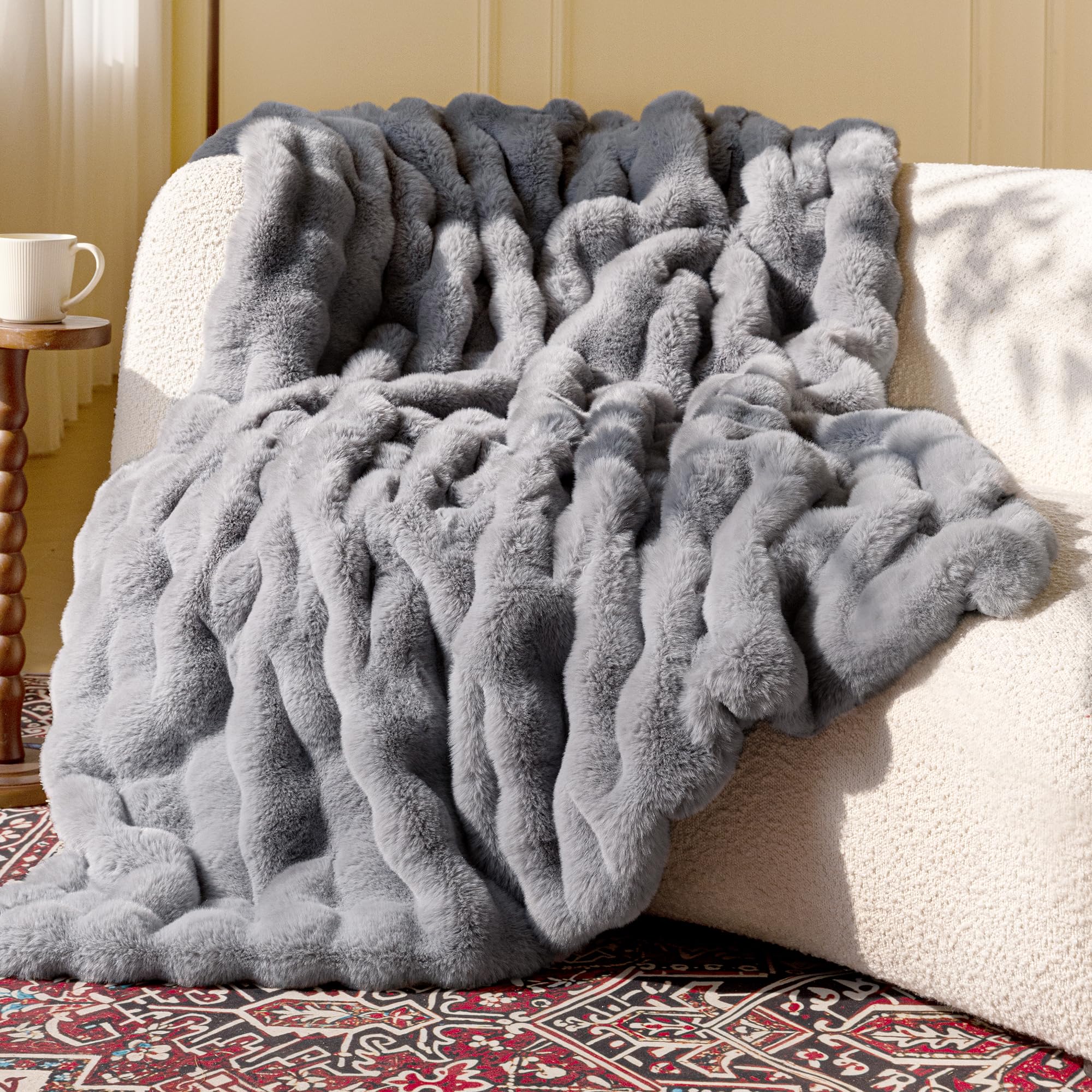 Ultra Soft Cozy Faux Fur Throw Blanket-Fuzzy Plush Thick Bubble Blanket, Fluffy Blanket for Couch, Sofa, Bedroom, and Living Room, 50x60 Inches, Dark Grey Taupe