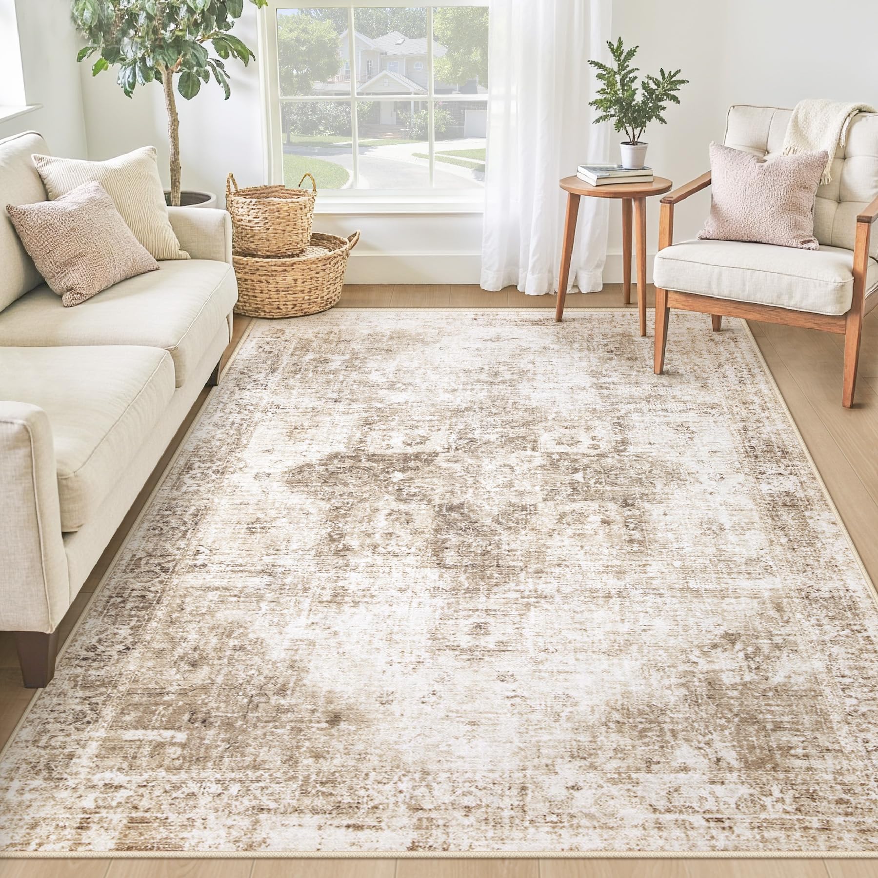 Beige 8x10ft Washable Boho Rug, Non-Slip Low Pile Carpet for Home & Office