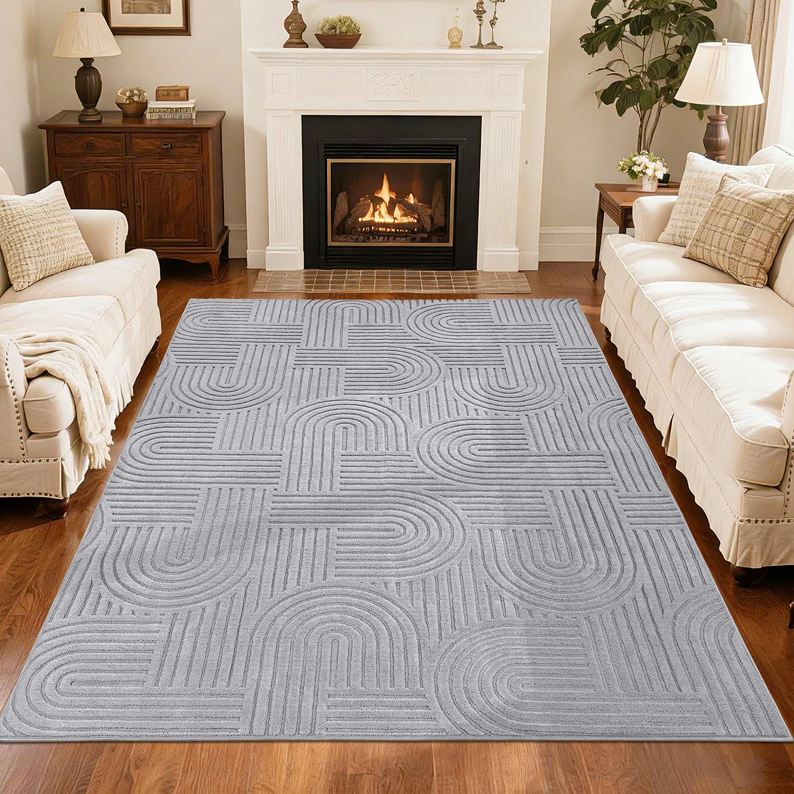 SHACOS Soft Cozy Fluffy Arch Pattern High-Low Pile Textured Area Rug 5'3"x7'3" Non Slip Washable Modern Geometric Rug Stain Resistant Contemporary Carpet for Living Room Bedroom Dining Room, Beige