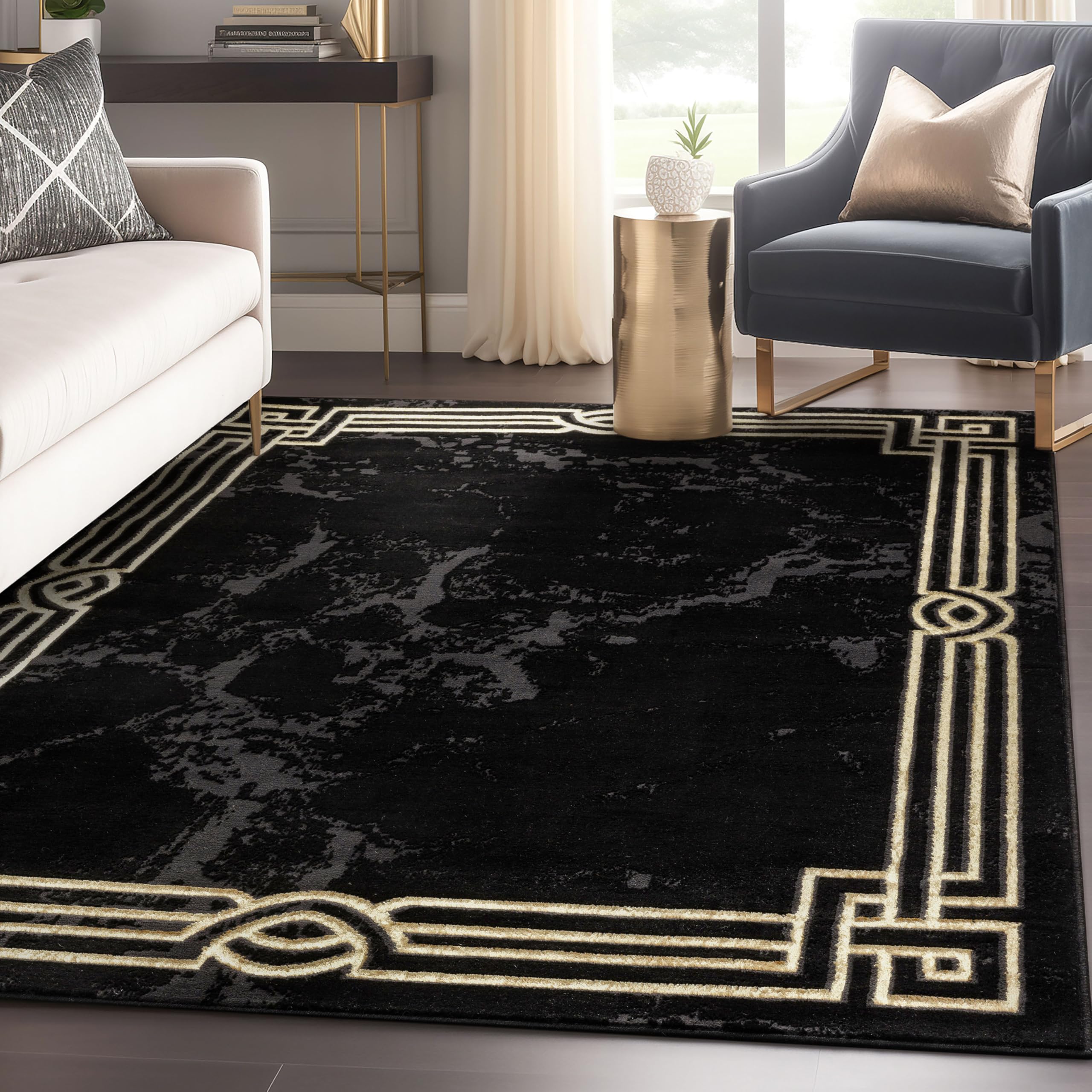 Well Woven Fairmont Collection Huntington Grey Gold & Ivory Marble Border Elegant & Soft 5x7 Area Rug Perfect for Bedroom & Living Room Durable Stain Resistant & Easy to Clean