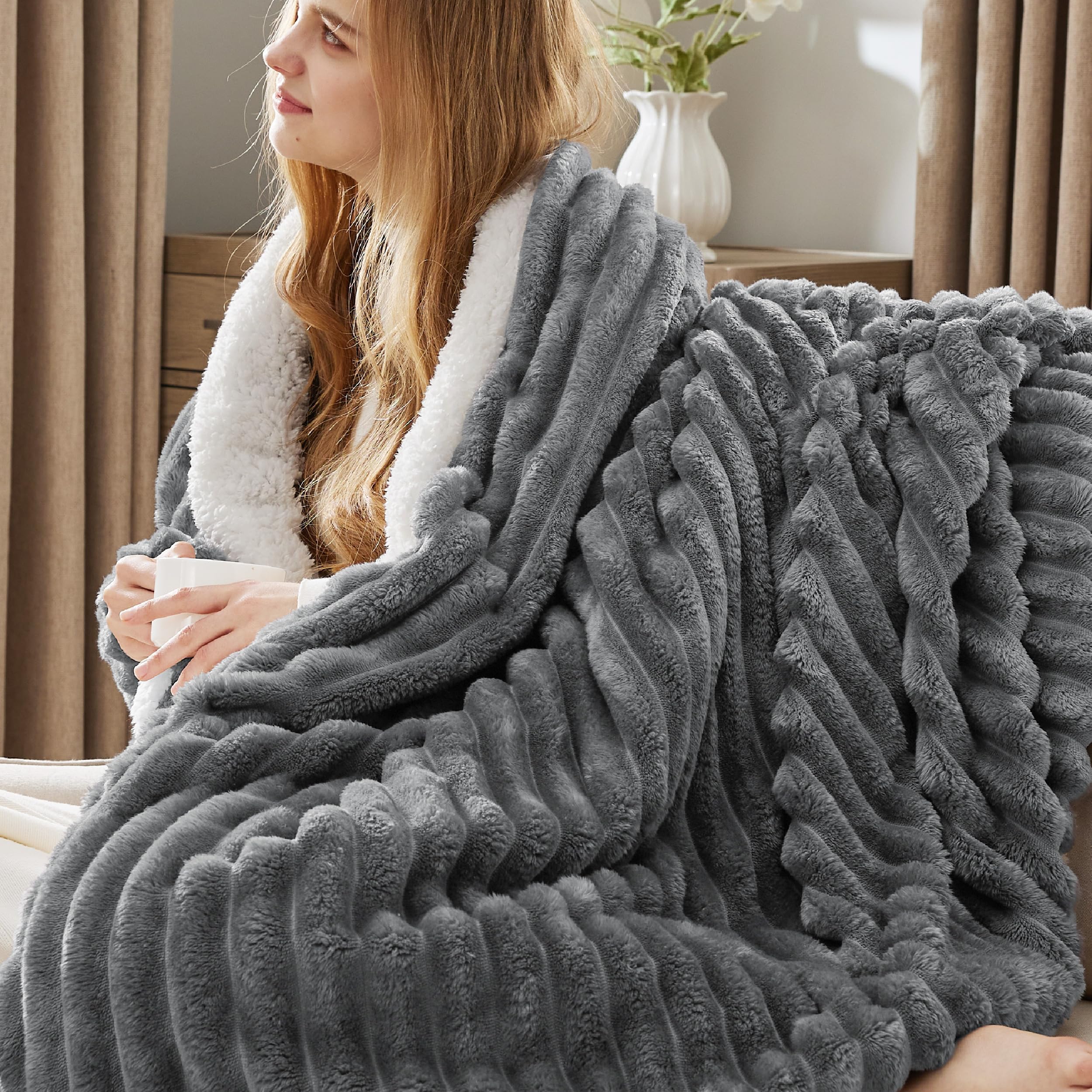 Beige Sherpa Fleece Blanket 50×60", Warm Fluffy Throw for Home Decor & Gift