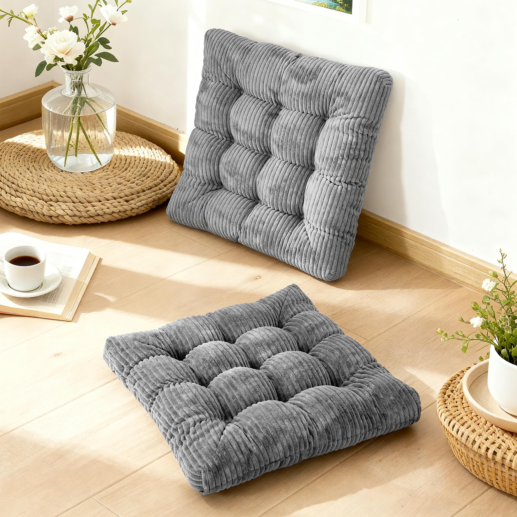 Large Floor Pillow for Adults, 22x22" Memory Foam Floor Cushion with Corduroy Cover, Round Floor Sitting Cushions for Meditation, Lounge,Seating for Yoga, Tatami Living Room (2, Round-Black)