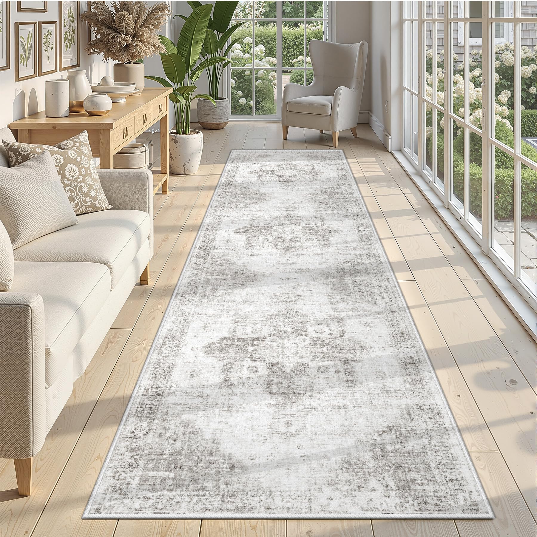 Beige 8x10ft Washable Boho Rug, Non-Slip Low Pile Carpet for Home & Office