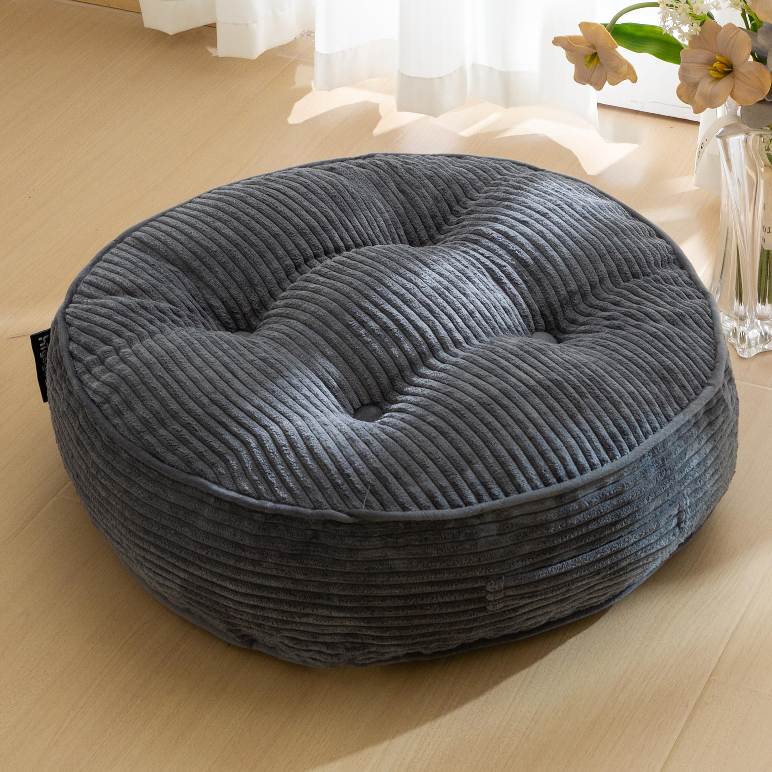 HIGOGOGO Floor Pillow Cushion for Adults, Meditation Cushion Pillow, Large Round Floor Sitting, Tufted Corduroy Cover, for Tatami Living Room or Yoga, 22x22 Inch, Beige