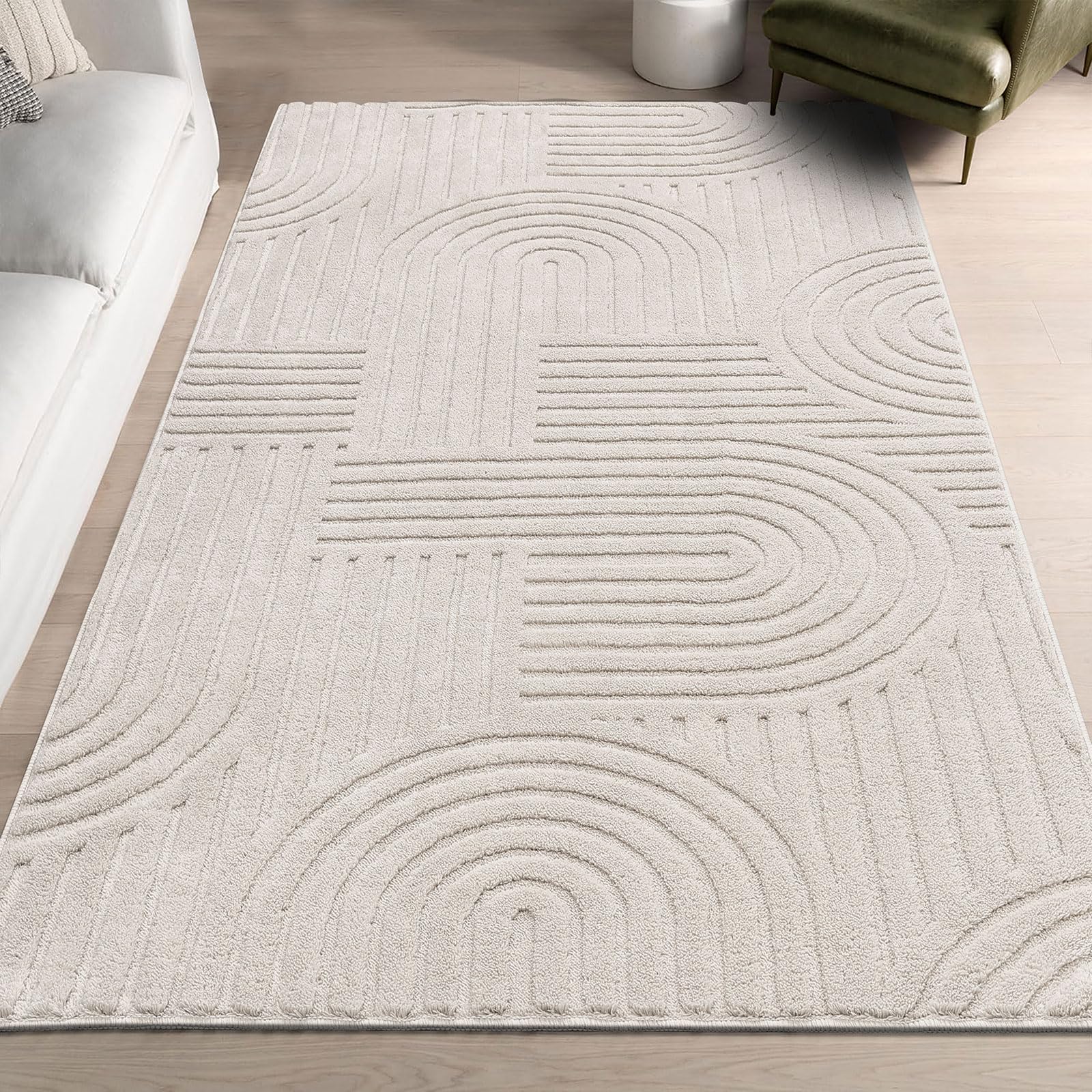 SHACOS Soft Cozy Fluffy Arch Pattern High-Low Pile Textured Area Rug 5'3"x7'3" Non Slip Washable Modern Geometric Rug Stain Resistant Contemporary Carpet for Living Room Bedroom Dining Room, Beige