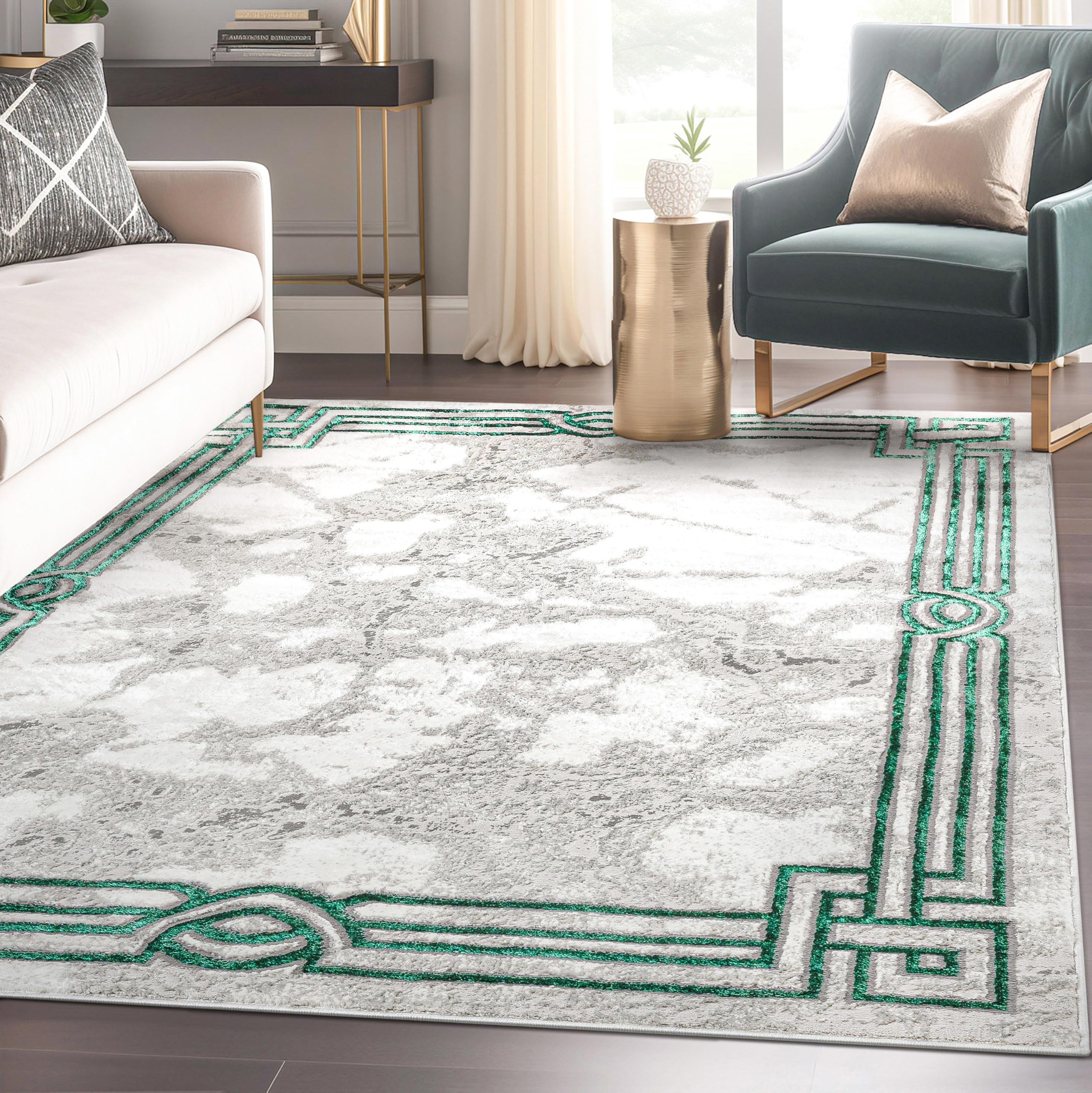 Well Woven Fairmont Collection Huntington Grey Gold & Ivory Marble Border Elegant & Soft 5x7 Area Rug Perfect for Bedroom & Living Room Durable Stain Resistant & Easy to Clean