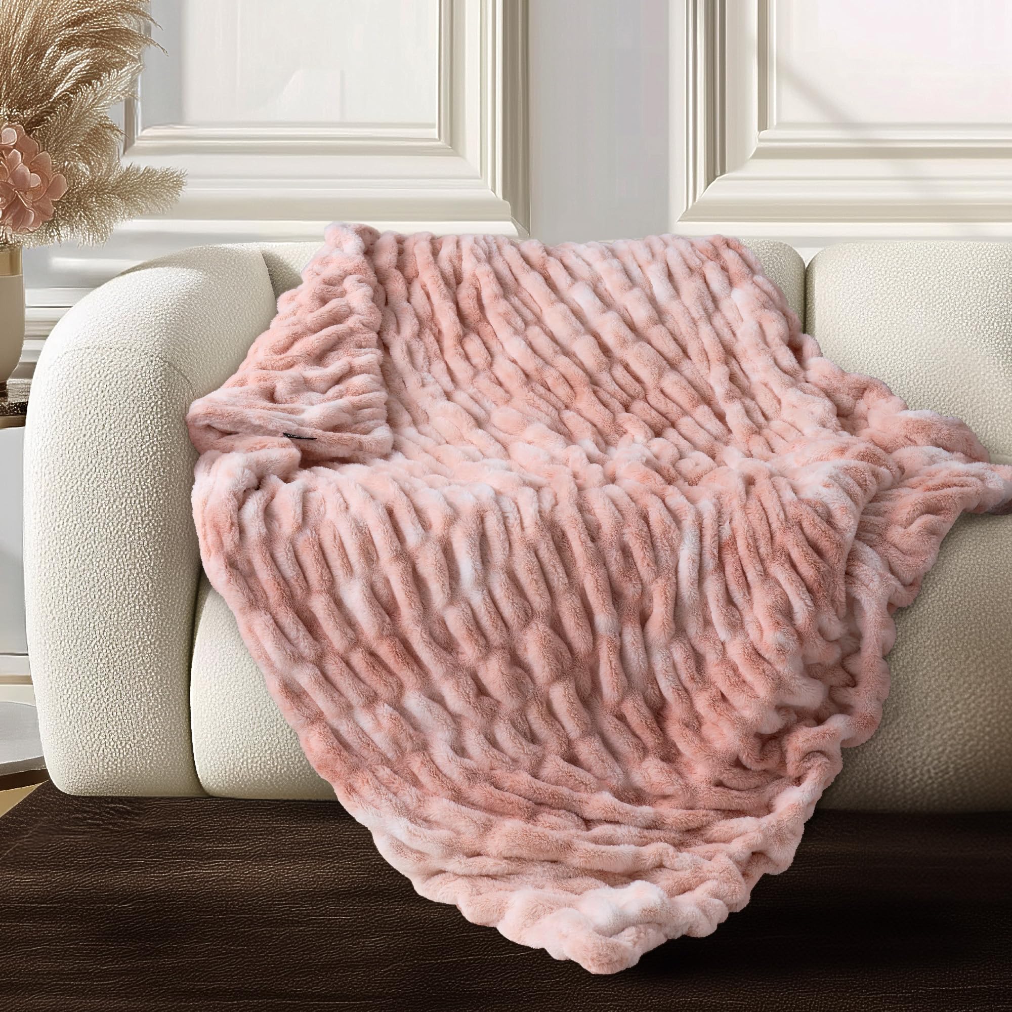 Ultra Soft Cozy Faux Fur Throw Blanket, Fuzzy Plush Thick Bubble Blanket, Luxury Fluffy Blanket for Couch, Sofa, Bedroom, and Living Room, 50x60 Inches, Cream White