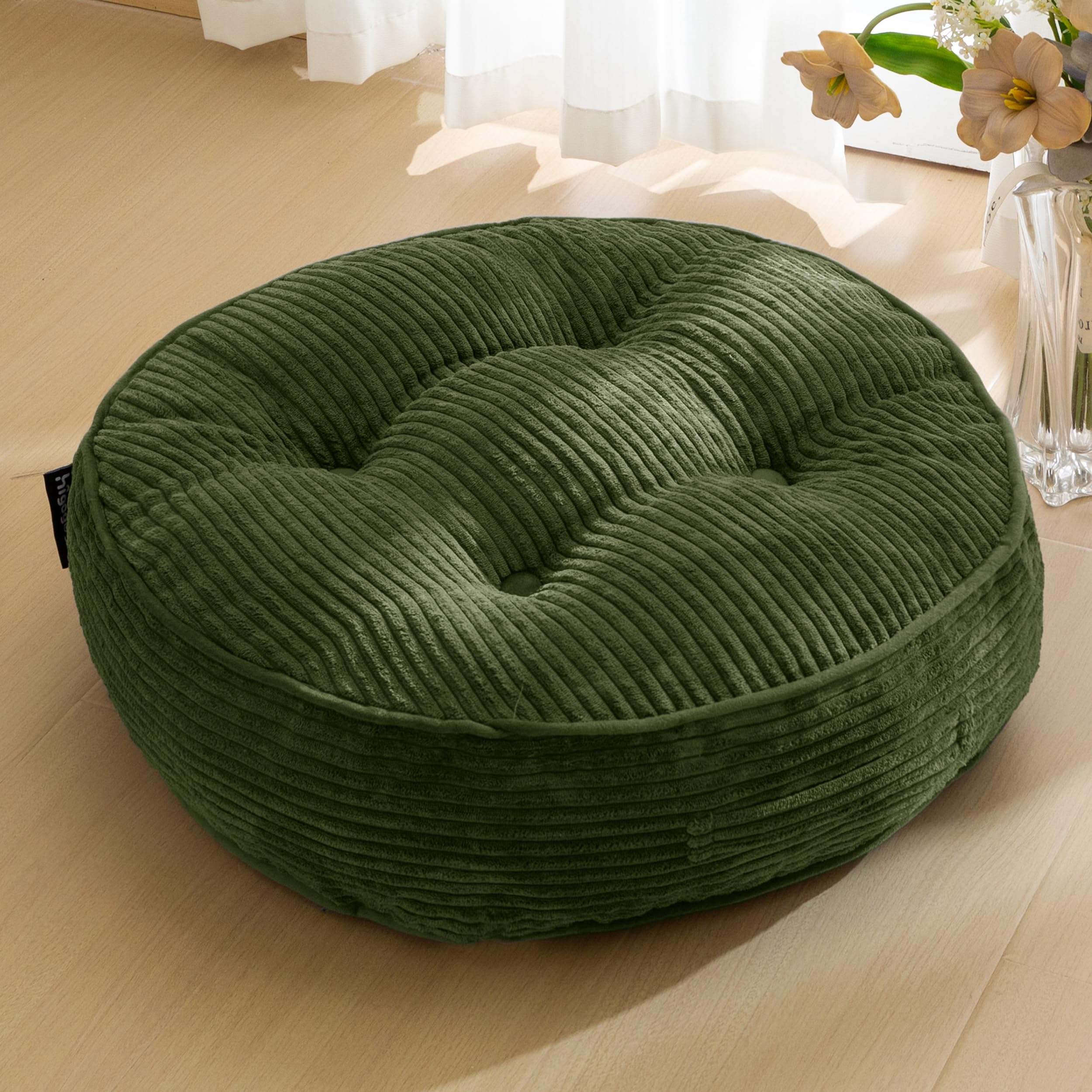 HIGOGOGO Floor Pillow Cushion for Adults, Meditation Cushion Pillow, Large Round Floor Sitting, Tufted Corduroy Cover, for Tatami Living Room or Yoga, 22x22 Inch, Beige