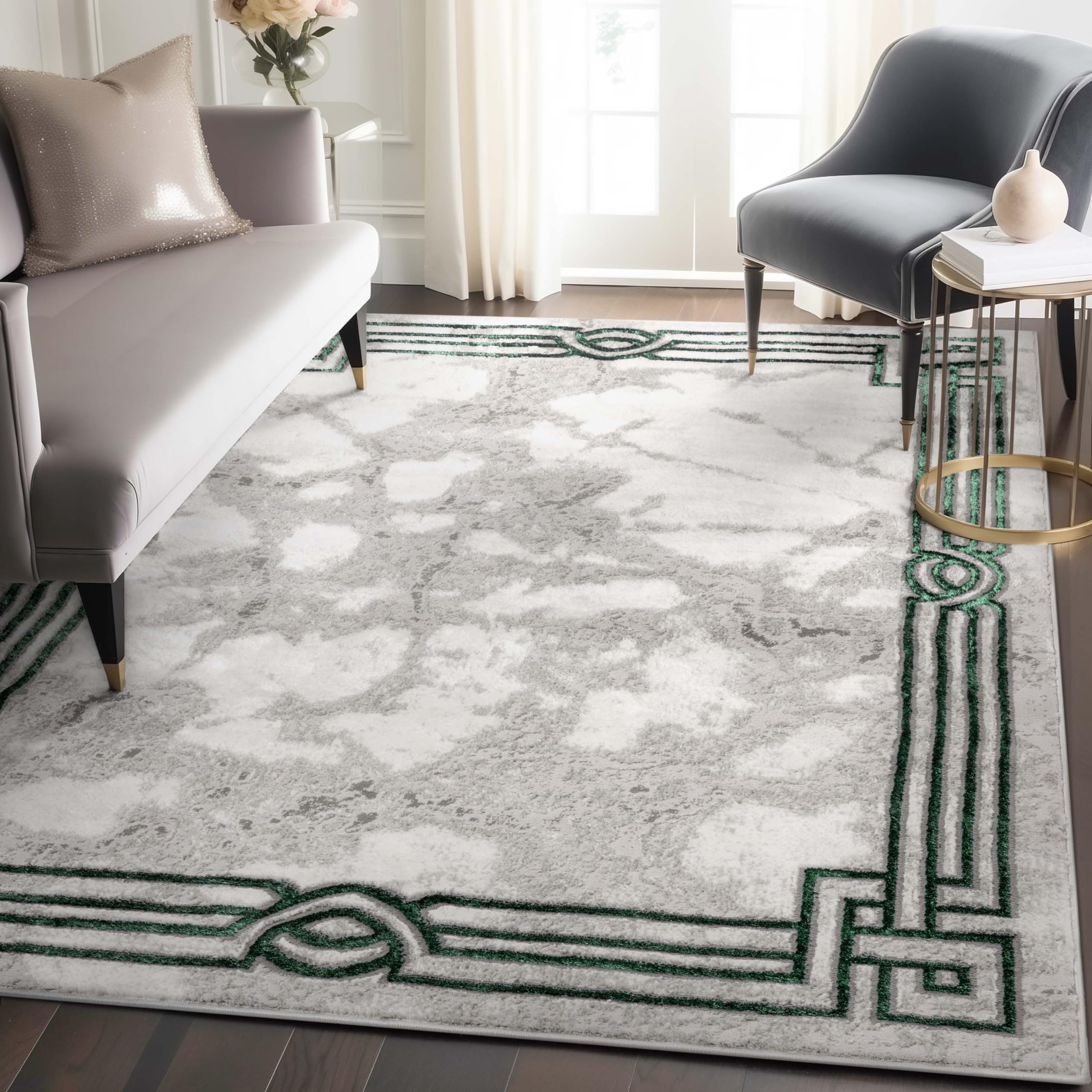 Well Woven Fairmont Collection Huntington Grey Gold & Ivory Marble Border Elegant & Soft 5x7 Area Rug Perfect for Bedroom & Living Room Durable Stain Resistant & Easy to Clean