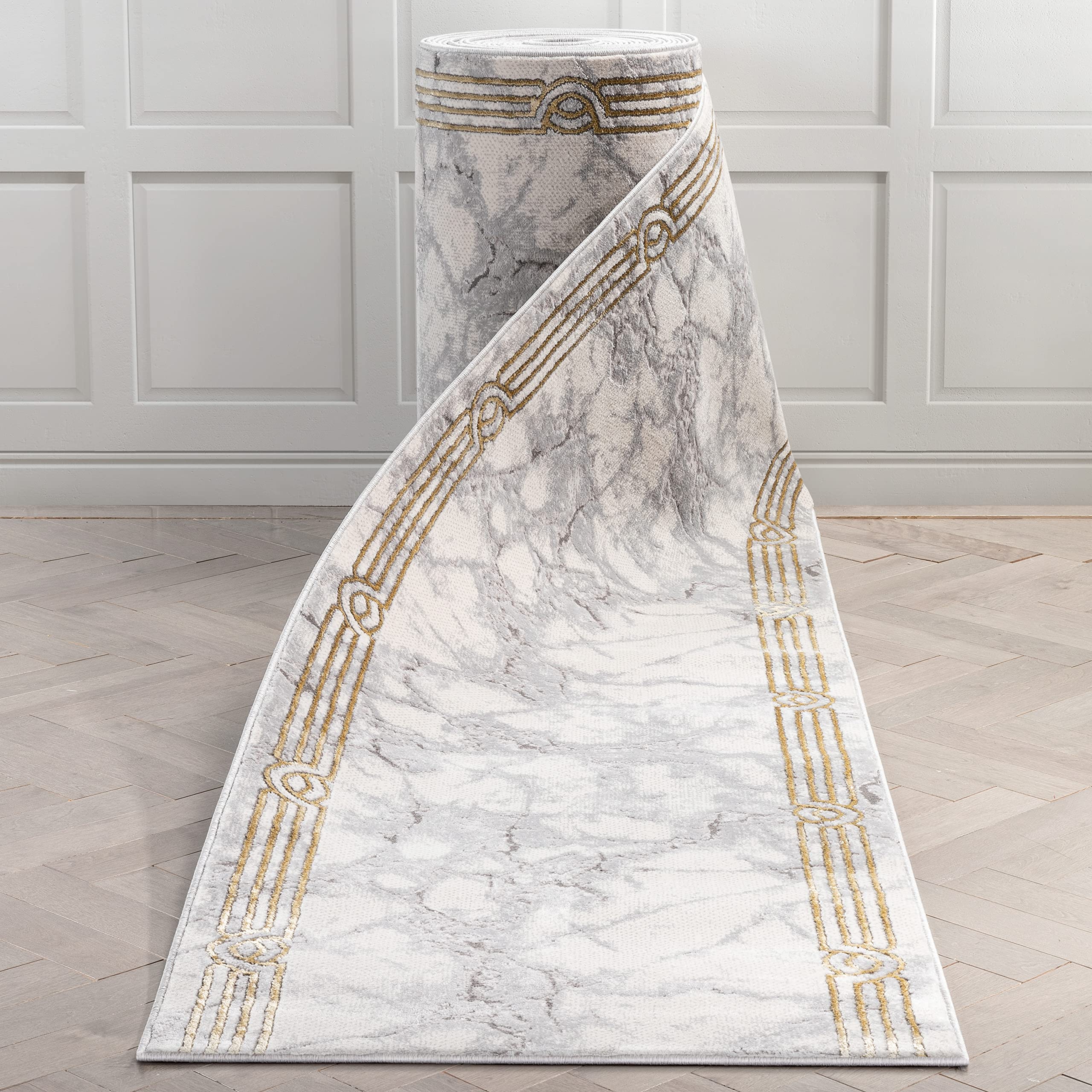 Well Woven Fairmont Collection Huntington Grey Gold & Ivory Marble Border Elegant & Soft 5x7 Area Rug Perfect for Bedroom & Living Room Durable Stain Resistant & Easy to Clean