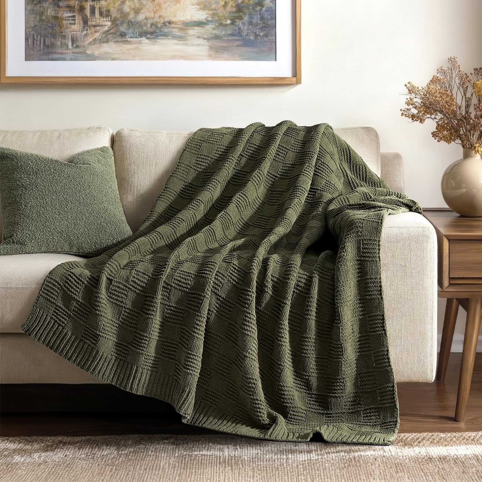 EVERGRACEHOME Modern Checkered Chenille Throw Blanket, Soft Cozy Plaid Knitted Chair Blanket for Sofa Couch, Decorative Knit Throw for Bed and Living Room, Sand Dune, 50" x 60"