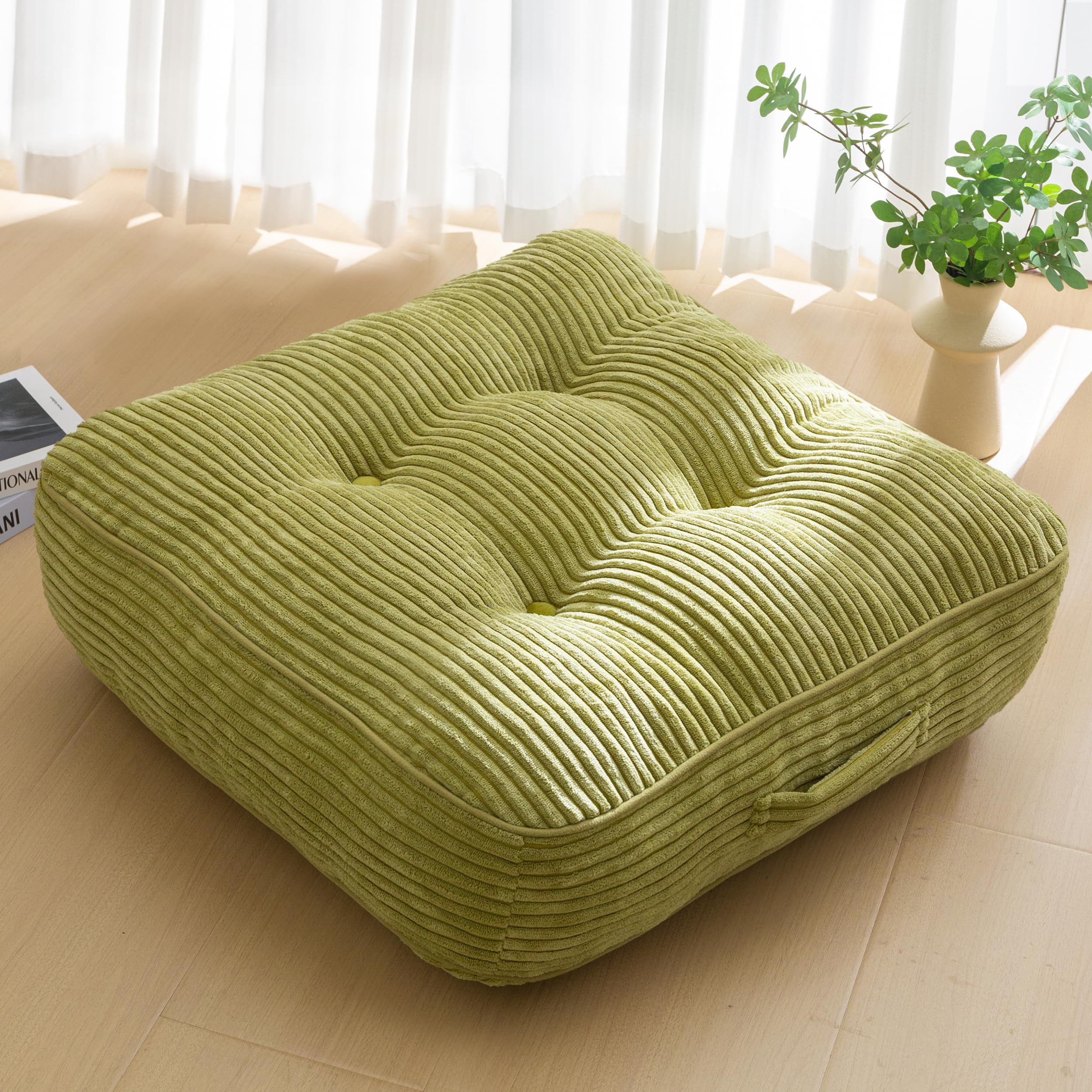 HIGOGOGO Floor Pillow Cushion for Adults, Meditation Cushion Pillow, Large Round Floor Sitting, Tufted Corduroy Cover, for Tatami Living Room or Yoga, 22x22 Inch, Beige