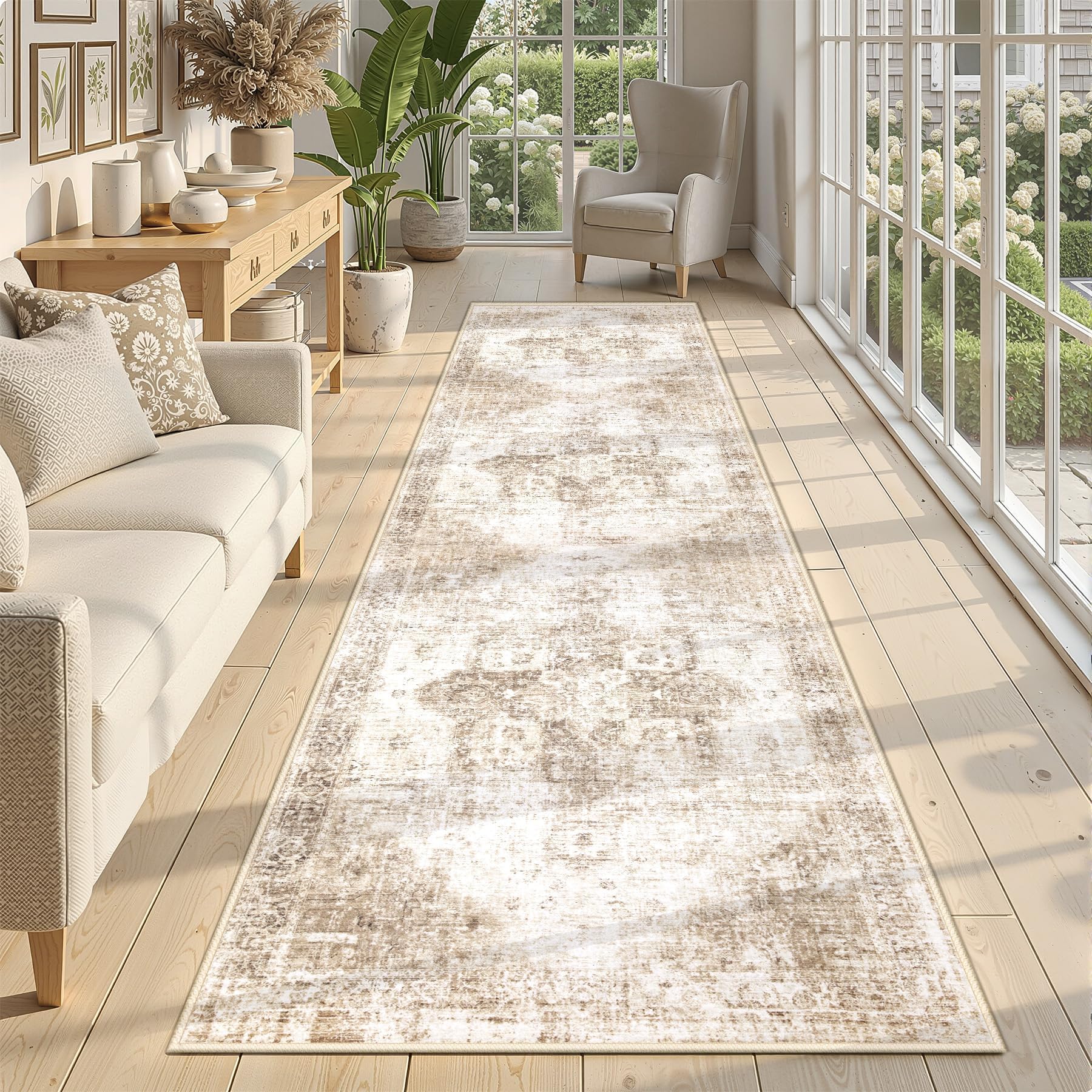 Beige 8x10ft Washable Boho Rug, Non-Slip Low Pile Carpet for Home & Office