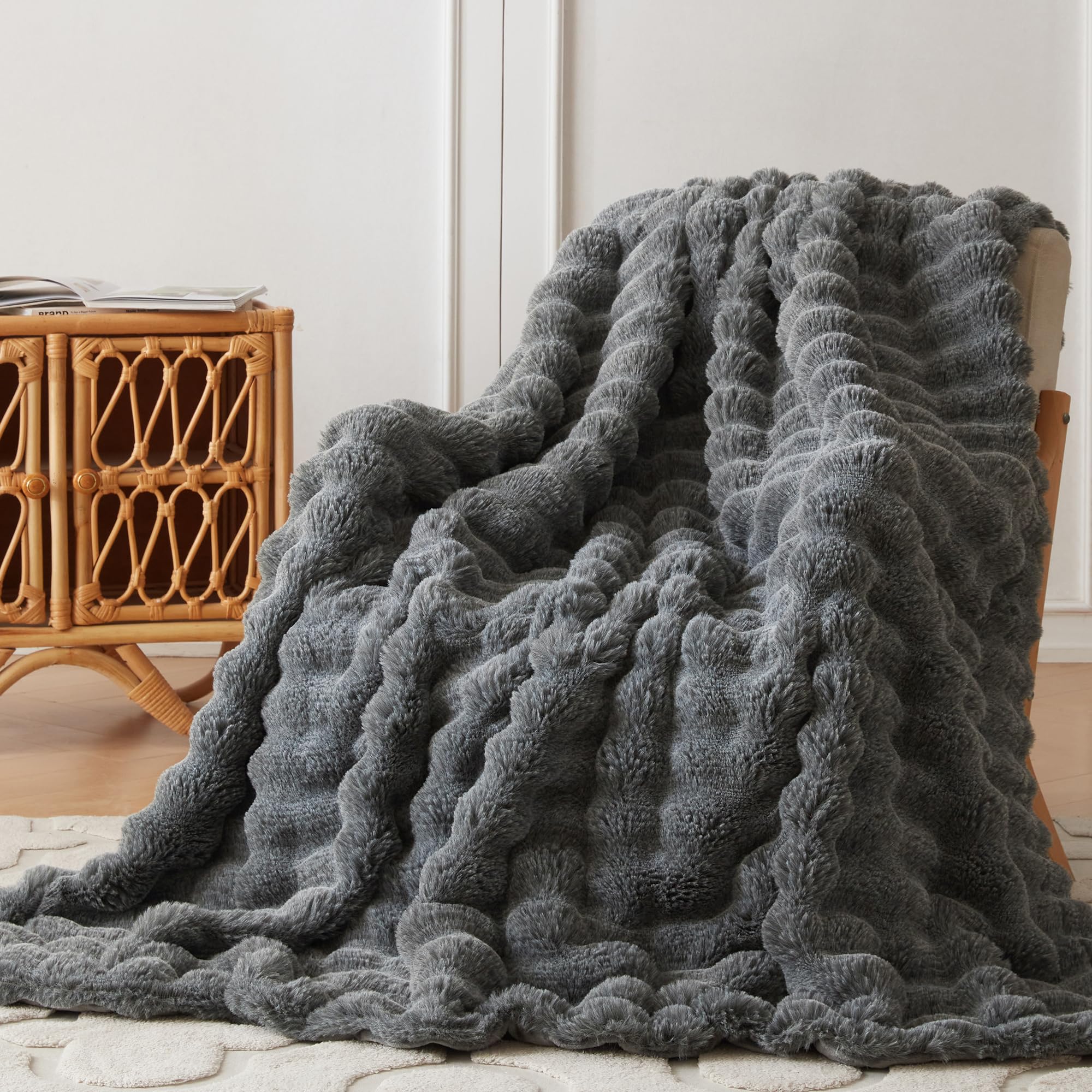 COOVA Faux Fur Throw Blanket for Couch, Cozy Soft and Fuzzy Plush Rabbit Fur Bubble Blanket for Sofa Bedroom Living Room, 60x80 Inches Tie Dye Brown