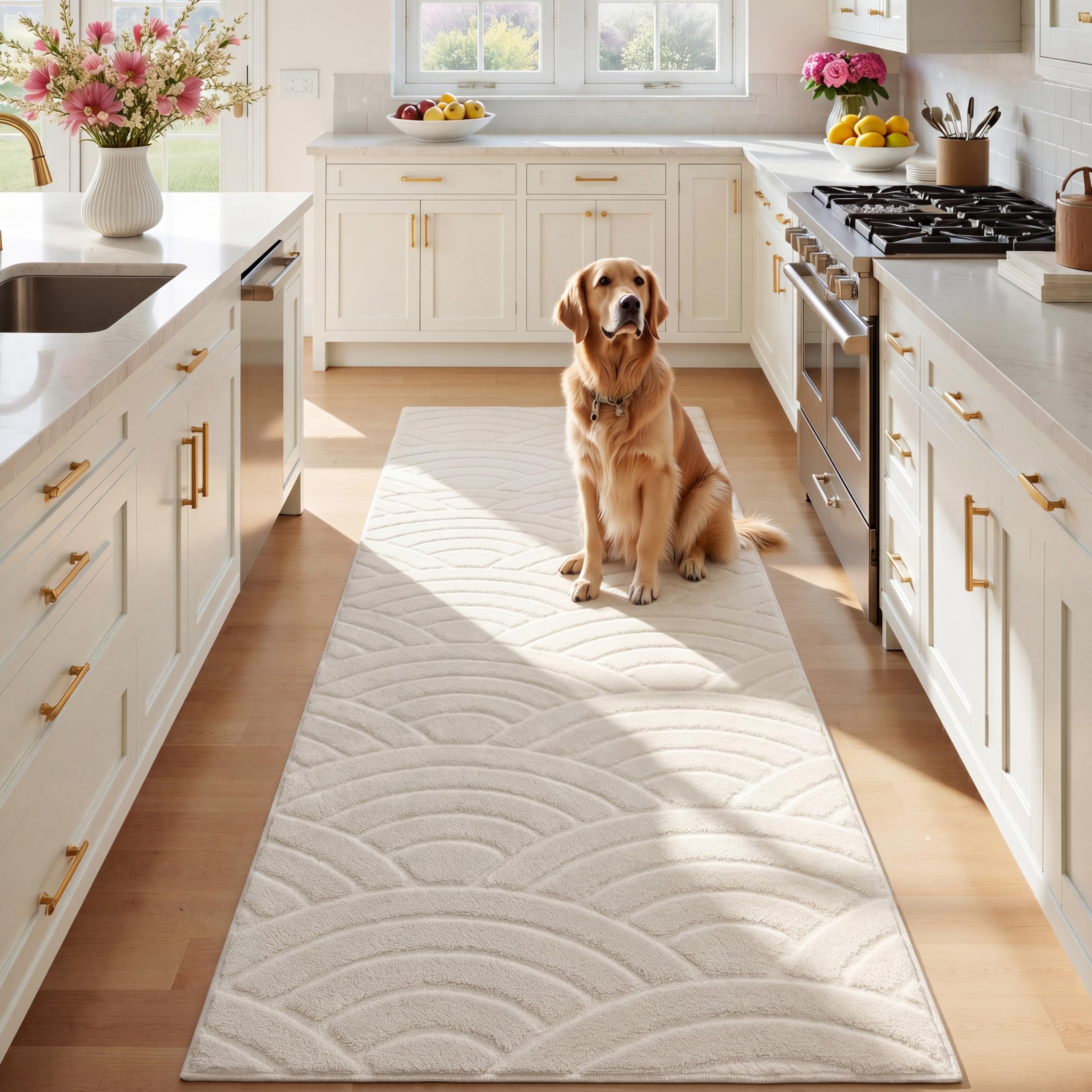 SHACOS Soft Cozy Fluffy Arch Waves Pattern High-Low Textured Area Rug 5'x7' Non Slip Washable Minimalist Modern Graphic Rainbow Carpet for Living Room Bedroom Bathroom Dining Room, Cream