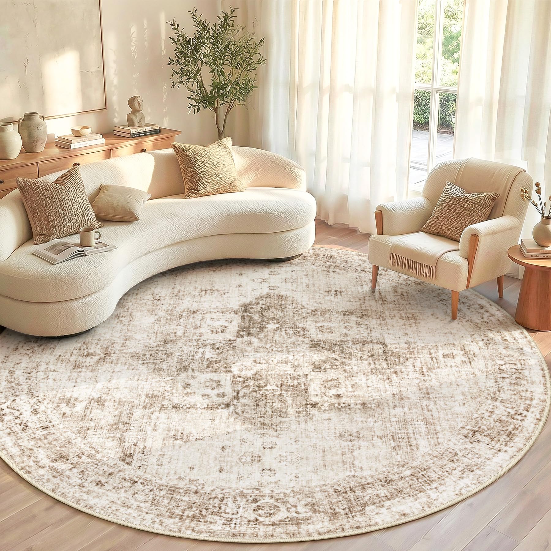 Beige 8x10ft Washable Boho Rug, Non-Slip Low Pile Carpet for Home & Office