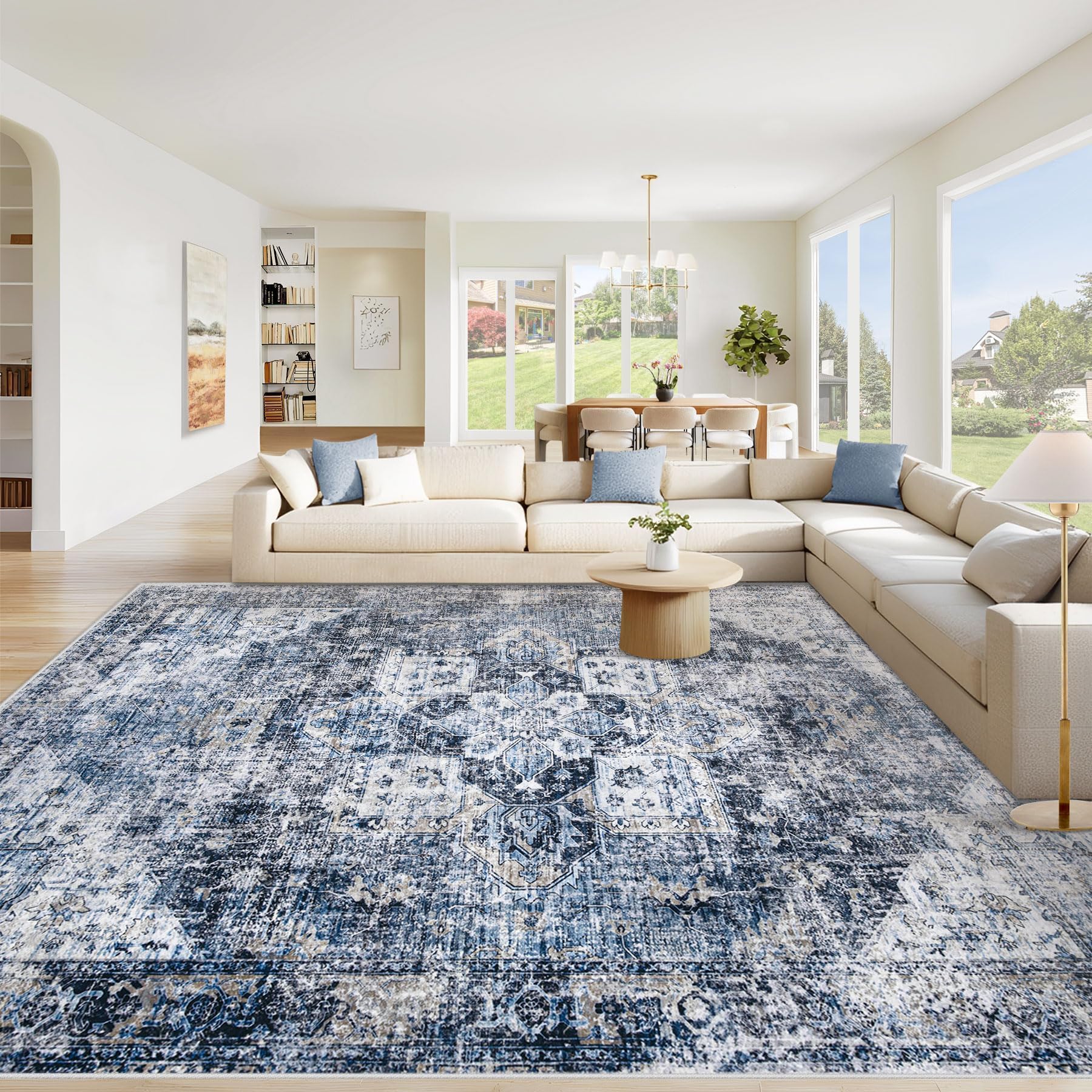 Beige 8x10ft Washable Boho Rug, Non-Slip Low Pile Carpet for Home & Office