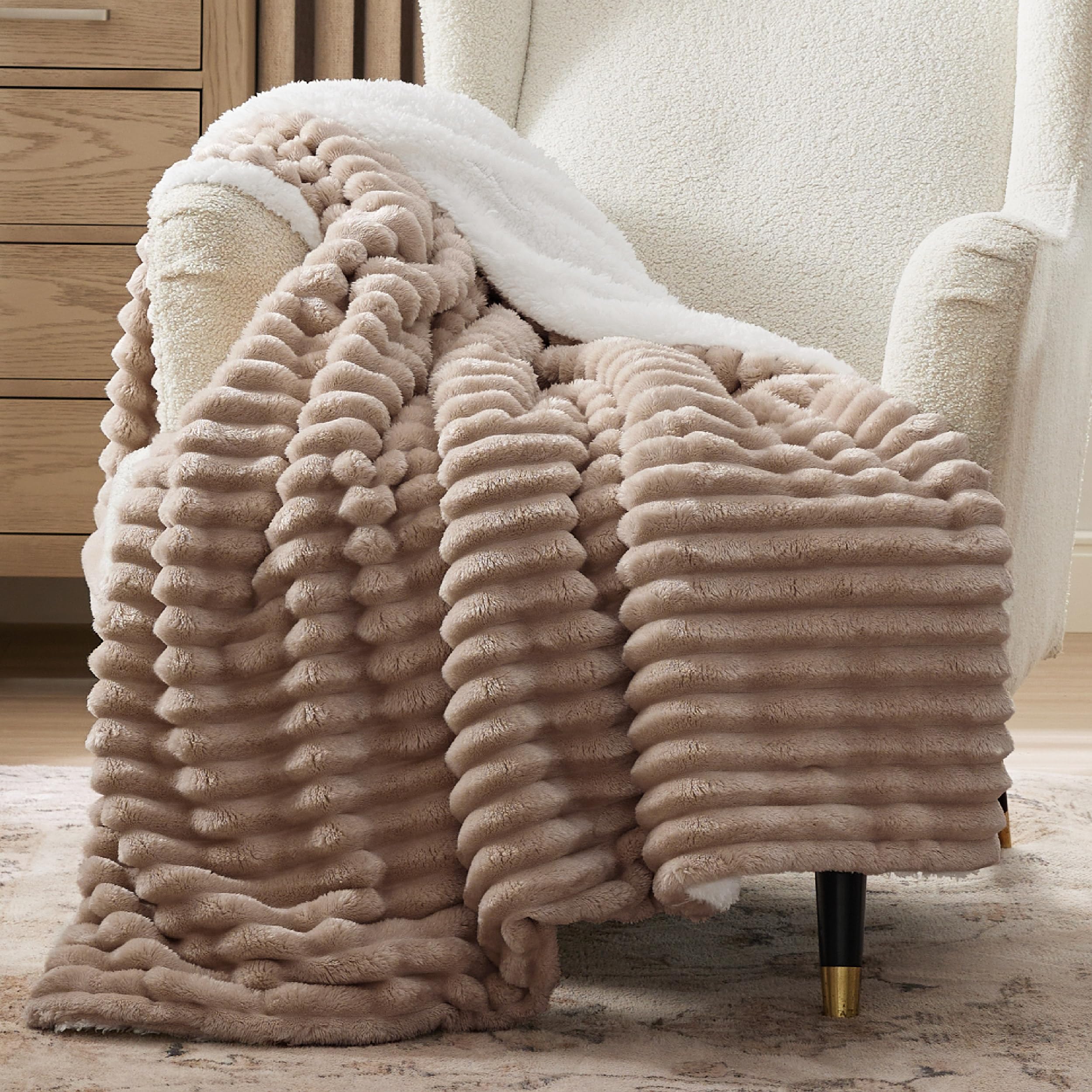 Beige Sherpa Fleece Blanket 50×60", Warm Fluffy Throw for Home Decor & Gift