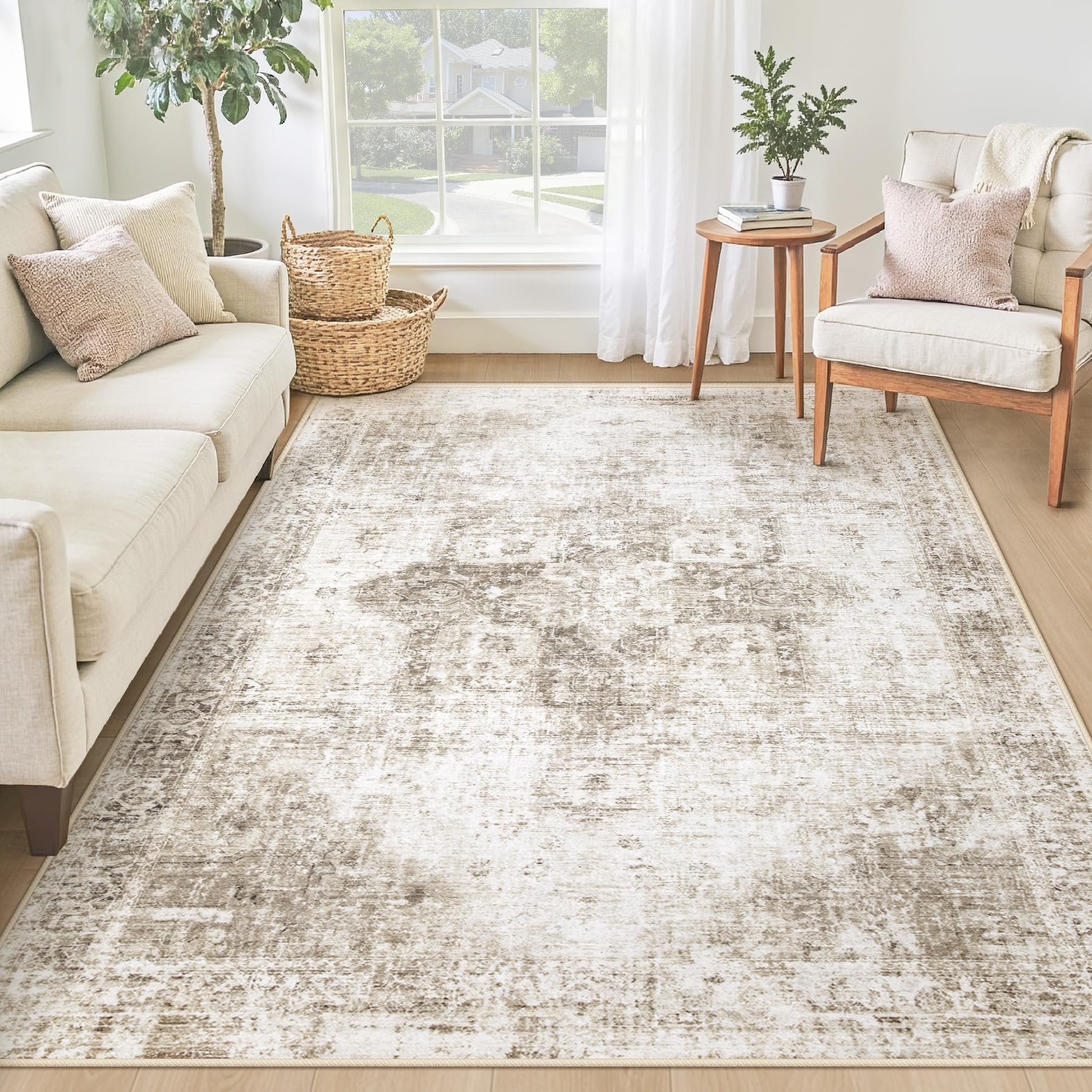 Beige 8x10ft Washable Boho Rug, Non-Slip Low Pile Carpet for Home & Office
