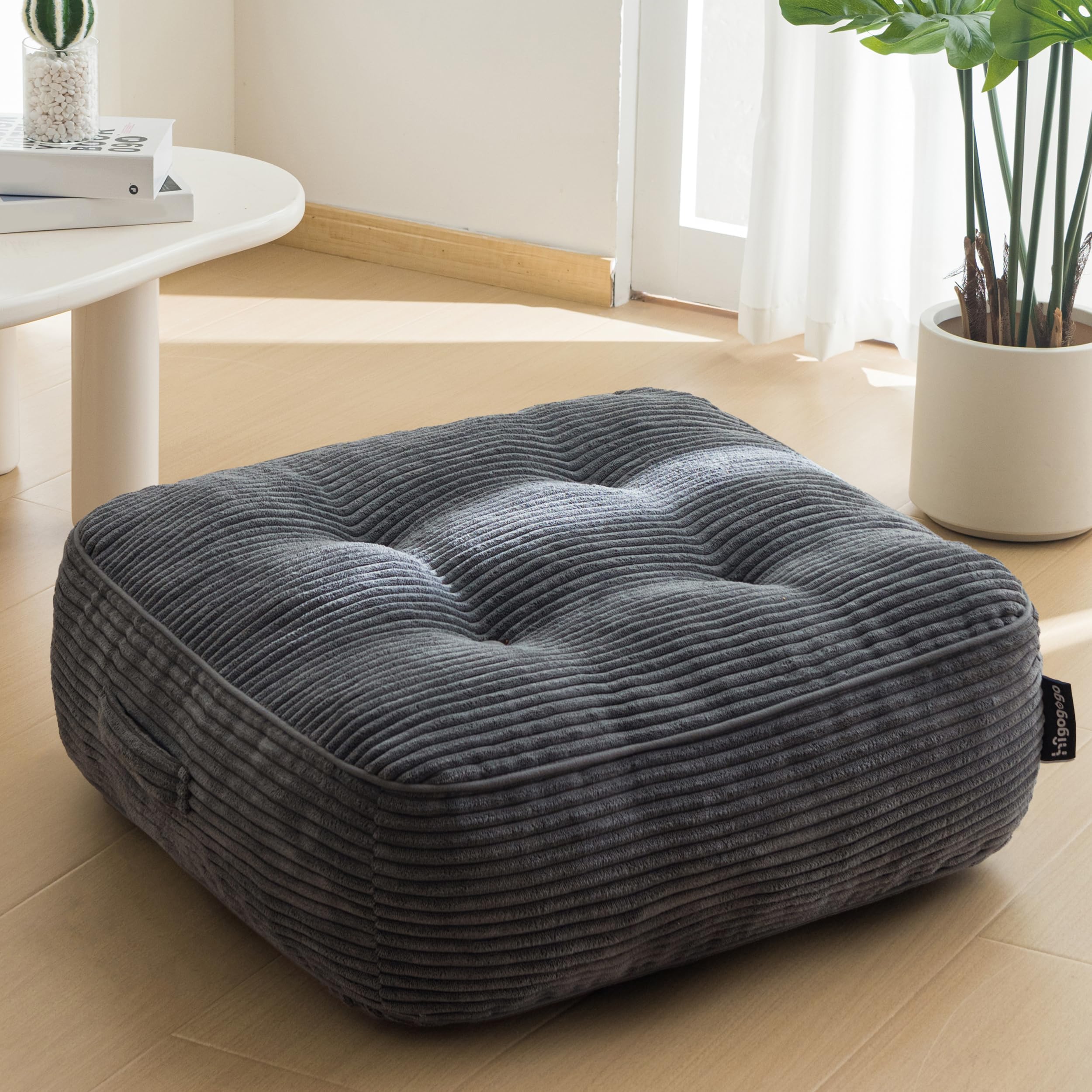 HIGOGOGO Floor Pillow Cushion for Adults, Meditation Cushion Pillow, Large Round Floor Sitting, Tufted Corduroy Cover, for Tatami Living Room or Yoga, 22x22 Inch, Beige