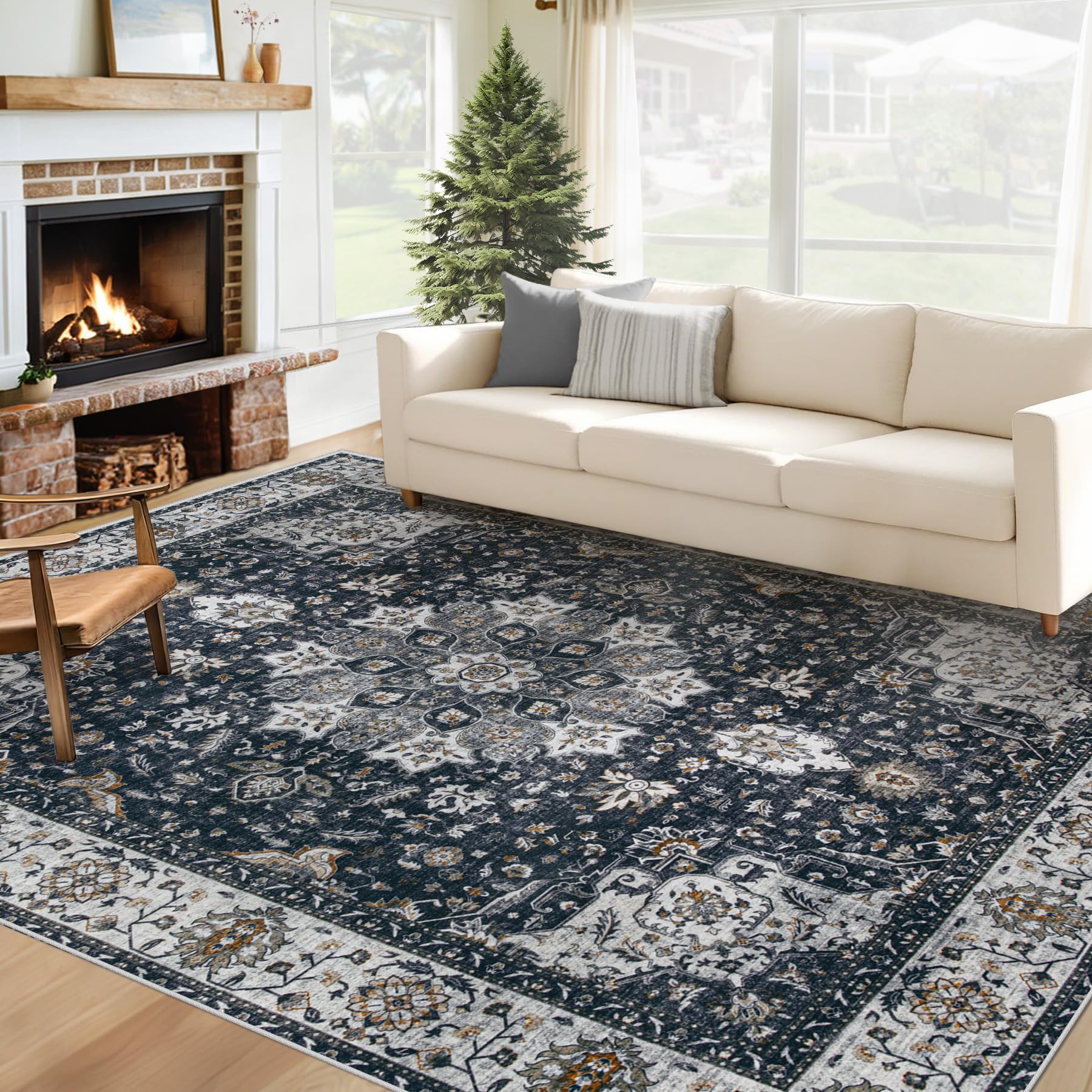 Beige 8x10ft Washable Boho Rug, Non-Slip Low Pile Carpet for Home & Office