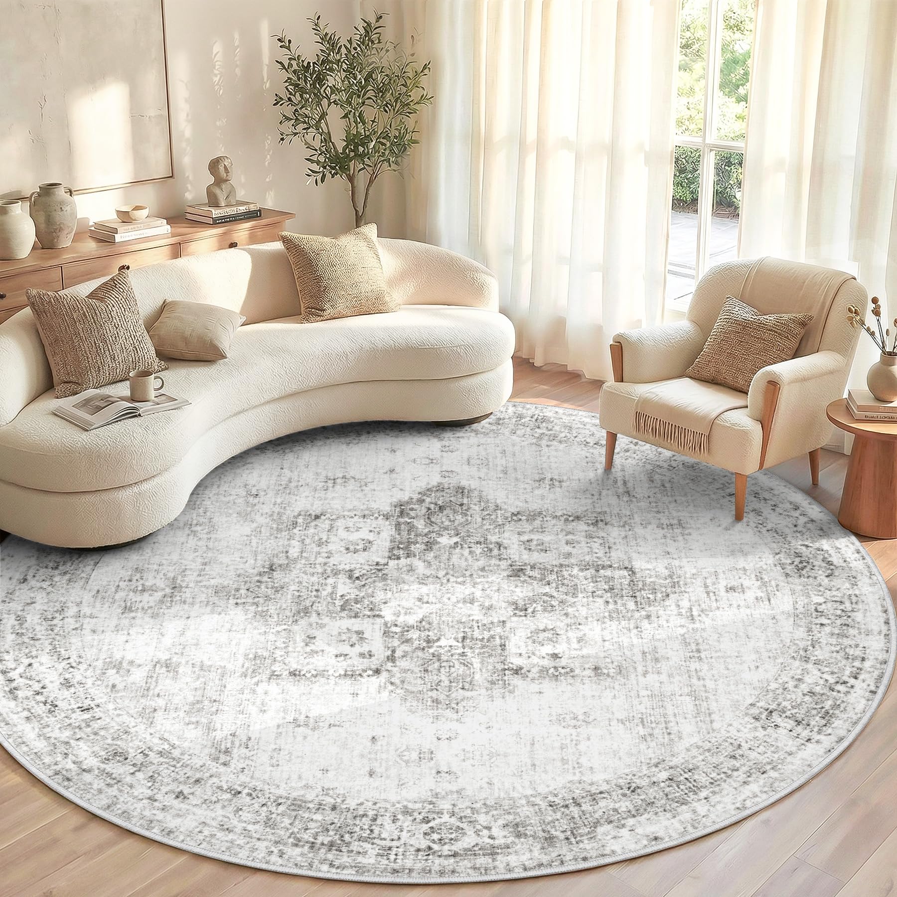 Beige 8x10ft Washable Boho Rug, Non-Slip Low Pile Carpet for Home & Office
