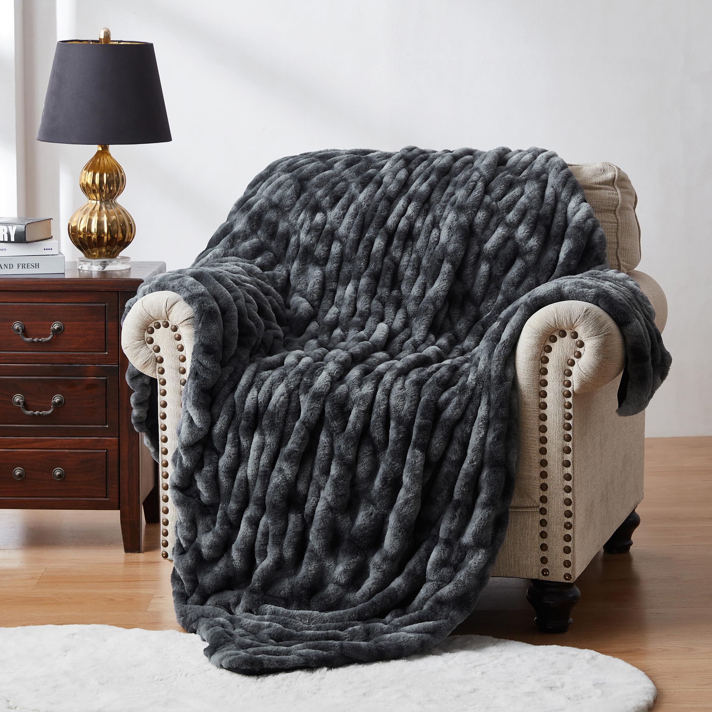 WDCOZY Ruched Faux Fur Throw Blanket Soft Cozy Fluffy Luxurious Blankets Couch Bed Sofa Chair Home Decor Warm Furry Fall Winter Plush Rabbit Fur Bubble Blanket 50" x 60", Caramel Beige Camel Neutral