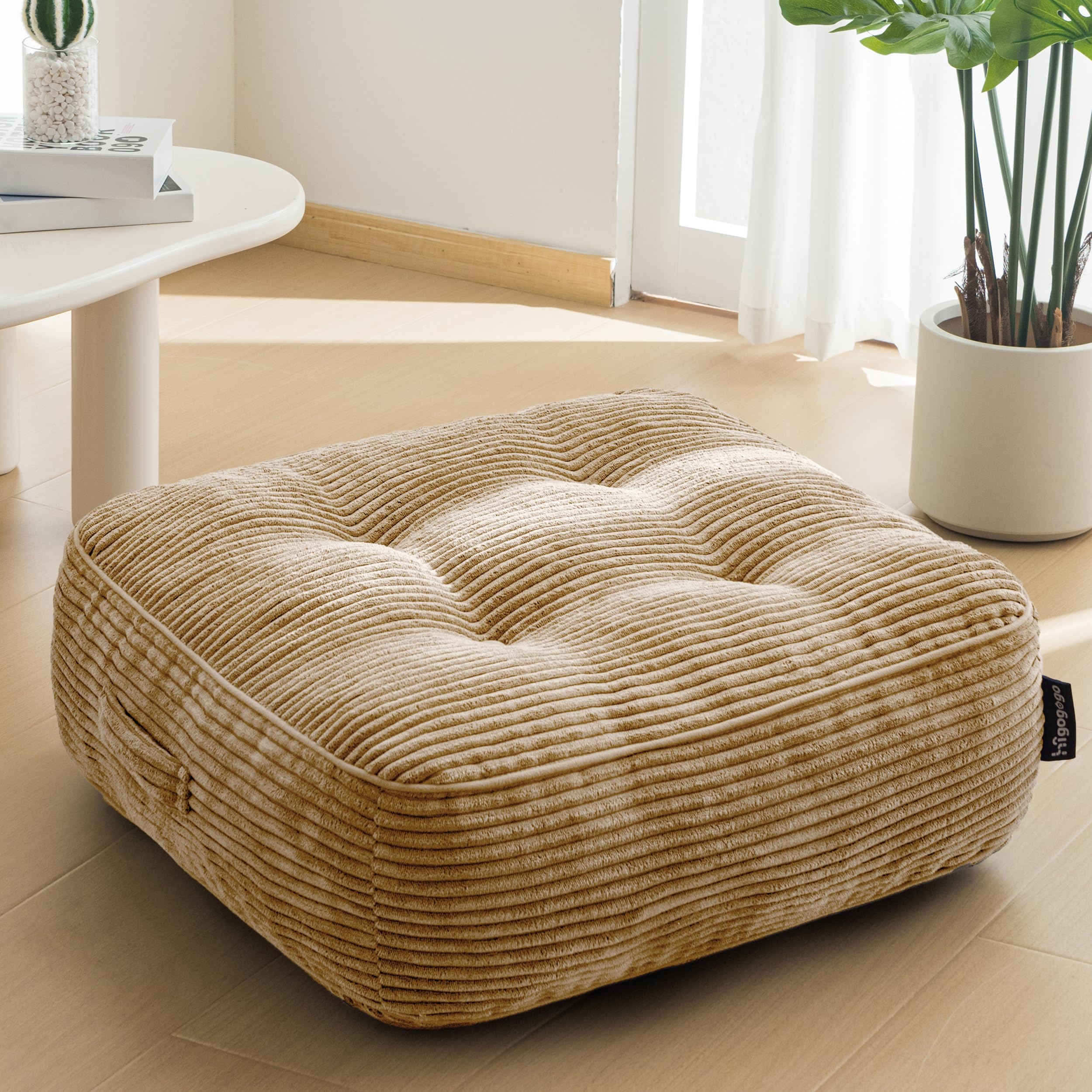 HIGOGOGO Floor Pillow Cushion for Adults, Meditation Cushion Pillow, Large Round Floor Sitting, Tufted Corduroy Cover, for Tatami Living Room or Yoga, 22x22 Inch, Beige