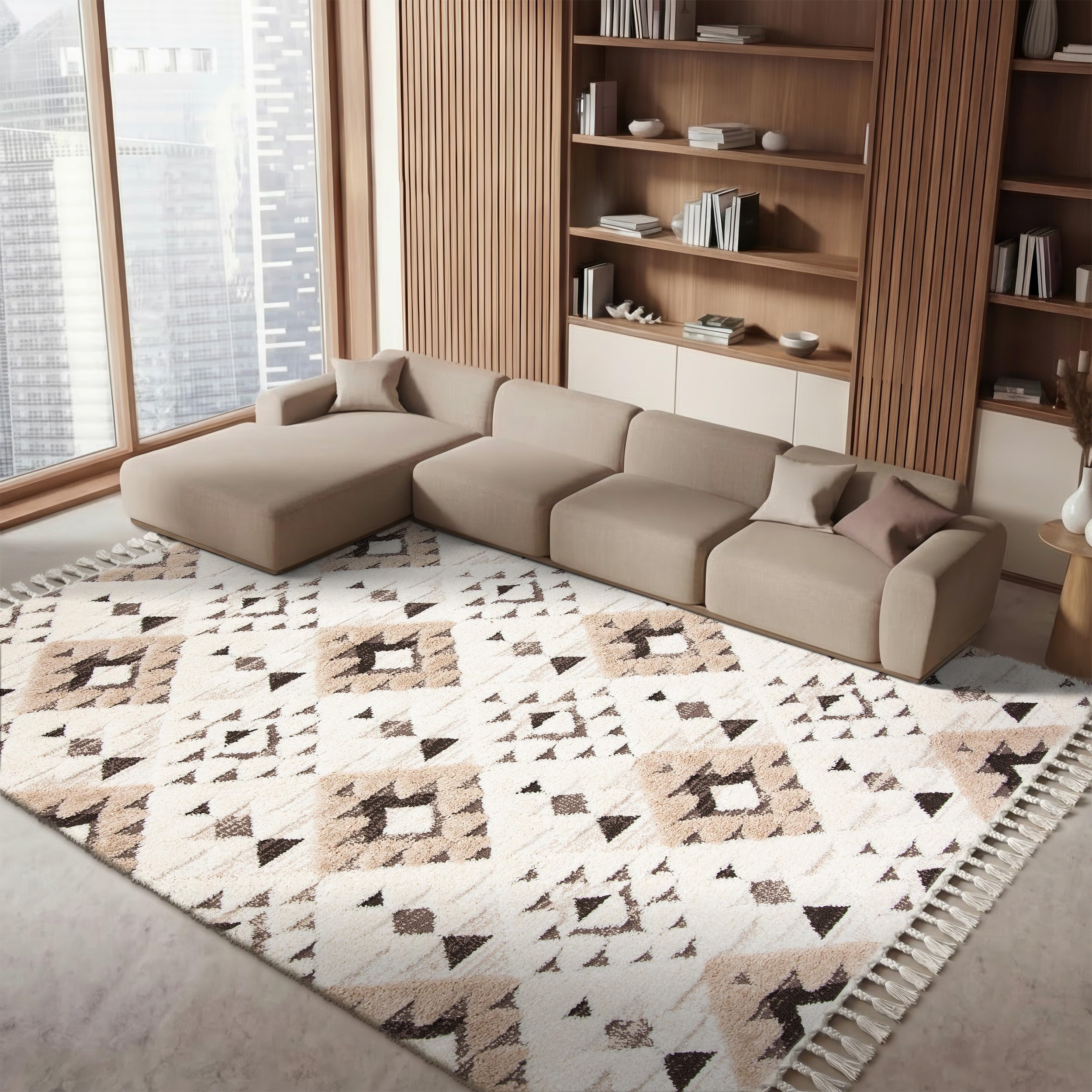 SAFAVIEH Moroccan Tassel Shag Collection Area Rug - 5'3" x 7'6", Ivory, Non-Shedding & Easy to Clean, Plush High-Low Texture, Ideal for Living Room, Bedroom, Dining Space (MTS688C)