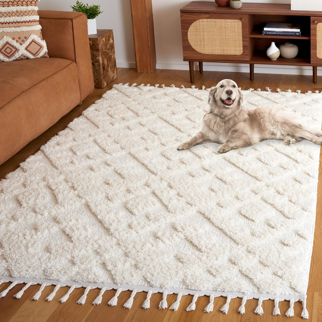 SAFAVIEH Moroccan Tassel Shag Collection Area Rug - 5'3" x 7'6", Ivory, Non-Shedding & Easy to Clean, Plush High-Low Texture, Ideal for Living Room, Bedroom, Dining Space (MTS688C)