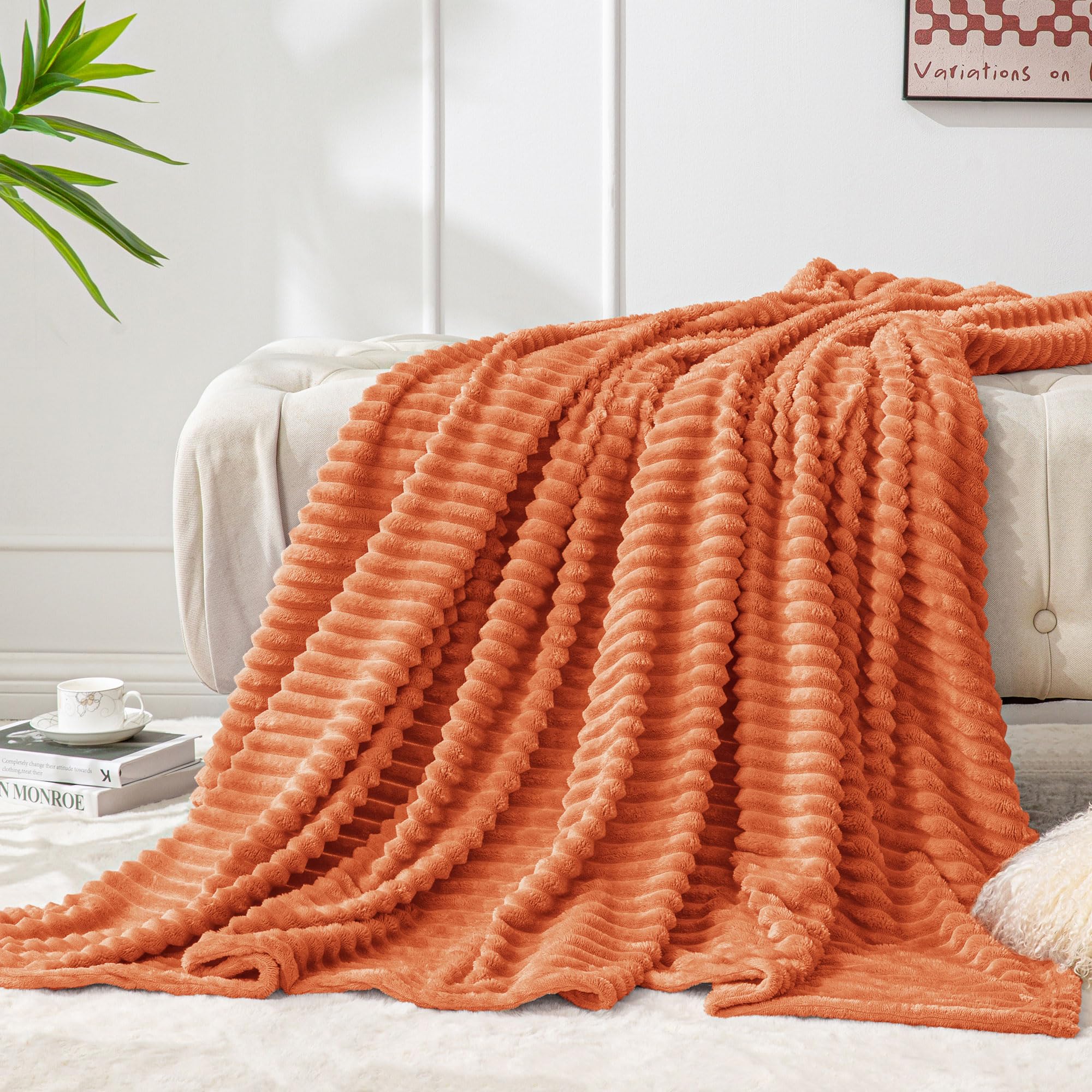 BEDELITE Fleece Throw Blanket for Couch – 3D Ribbed Jacquard Soft and Warm Decorative Fuzzy Blanket – Cozy, Fluffy, Plush Lightweight Pink Throw Blankets for Bed, Sofa, 50x60 inches
