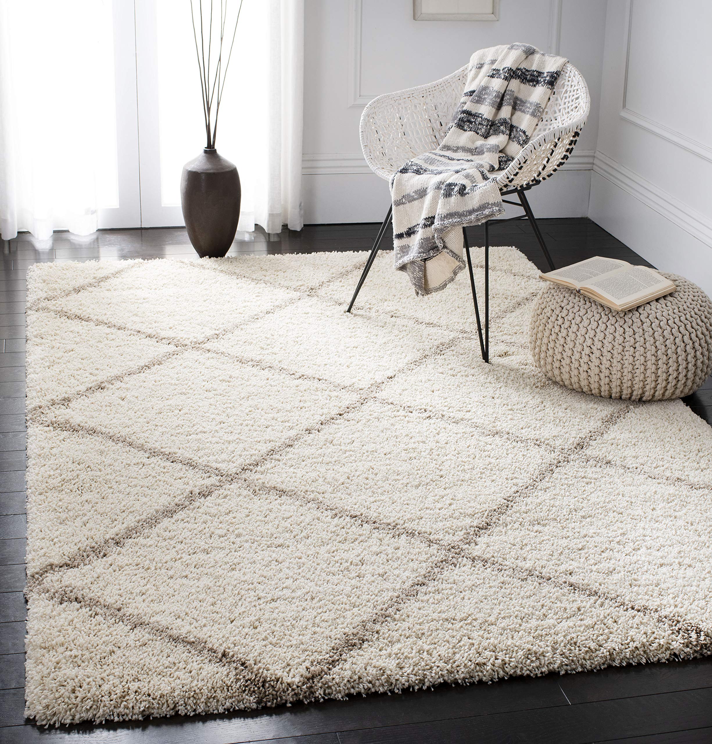 SAFAVIEH Hudson Shag Collection Area Rug - 5'3" x 7'6", Beige & Ivory, Modern Trellis Design, Non-Shedding & Easy Care, 2-inch Thick Ideal for High Traffic Areas in Living Room, Bedroom (SGH281S)