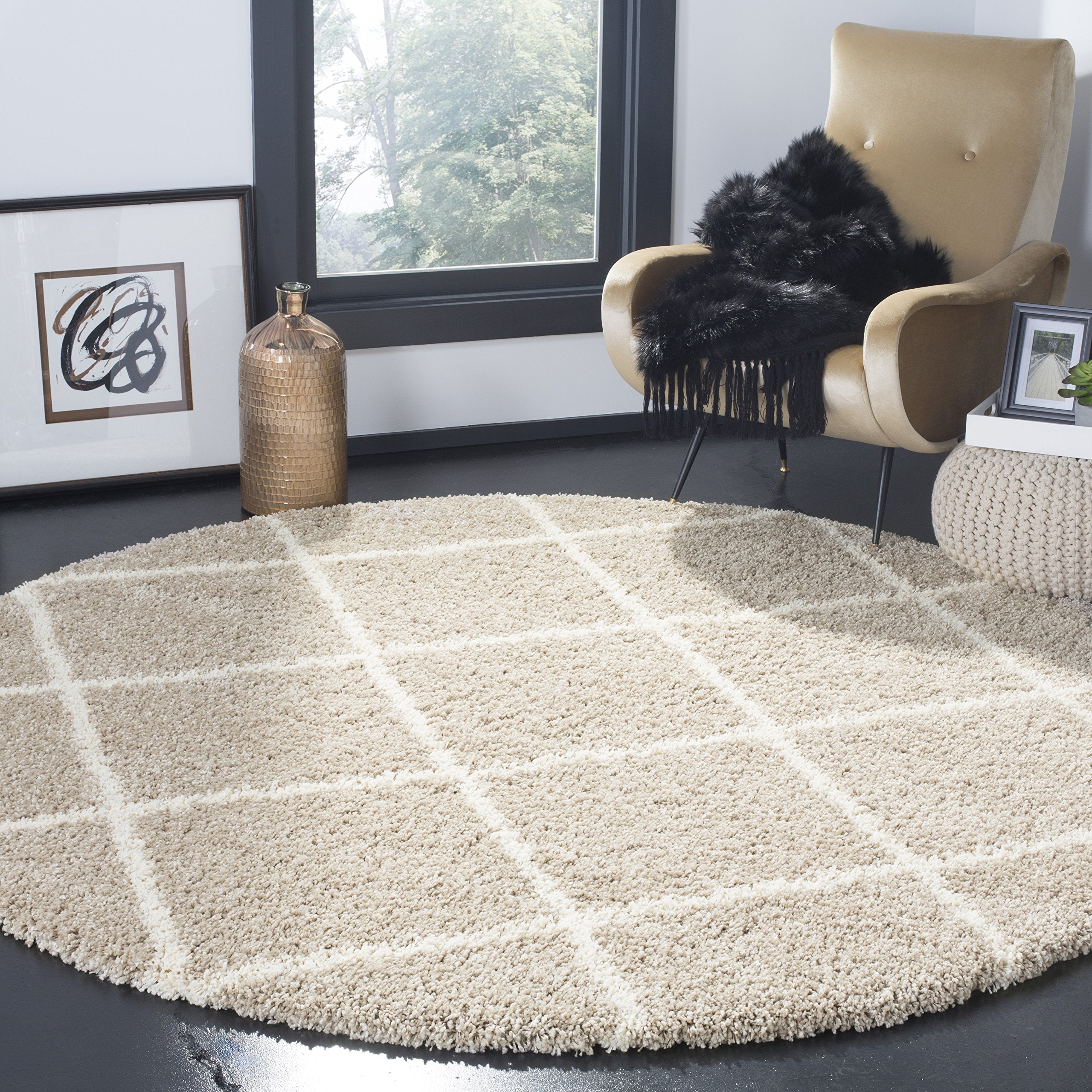 SAFAVIEH Hudson Shag Collection Area Rug - 5'3" x 7'6", Beige & Ivory, Modern Trellis Design, Non-Shedding & Easy Care, 2-inch Thick Ideal for High Traffic Areas in Living Room, Bedroom (SGH281S)