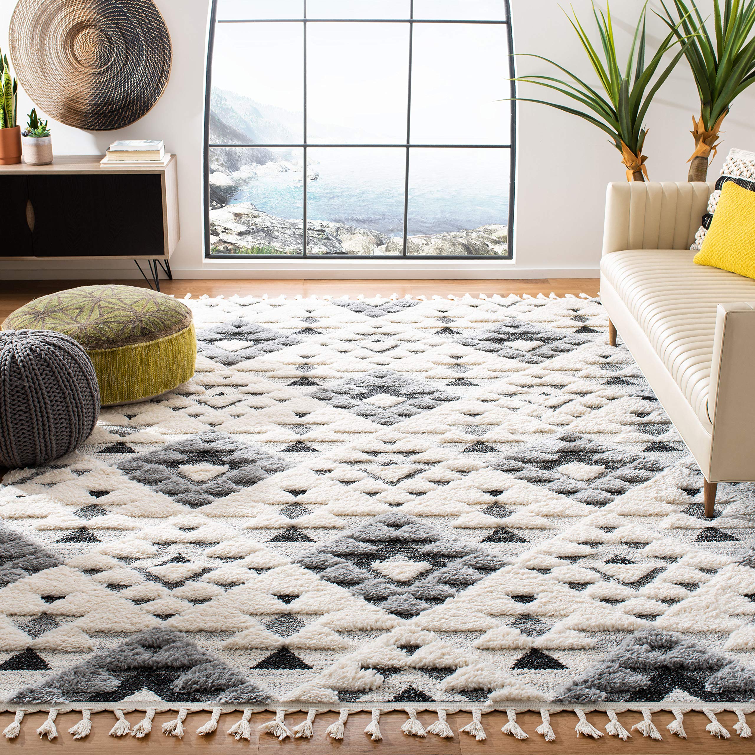 SAFAVIEH Moroccan Tassel Shag Collection Area Rug - 5'3" x 7'6", Ivory, Non-Shedding & Easy to Clean, Plush High-Low Texture, Ideal for Living Room, Bedroom, Dining Space (MTS688C)