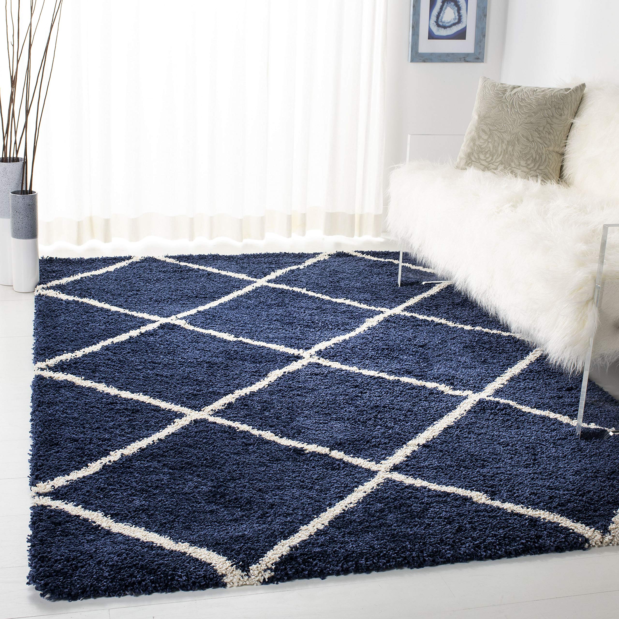 SAFAVIEH Hudson Shag Collection Area Rug - 5'3" x 7'6", Beige & Ivory, Modern Trellis Design, Non-Shedding & Easy Care, 2-inch Thick Ideal for High Traffic Areas in Living Room, Bedroom (SGH281S)