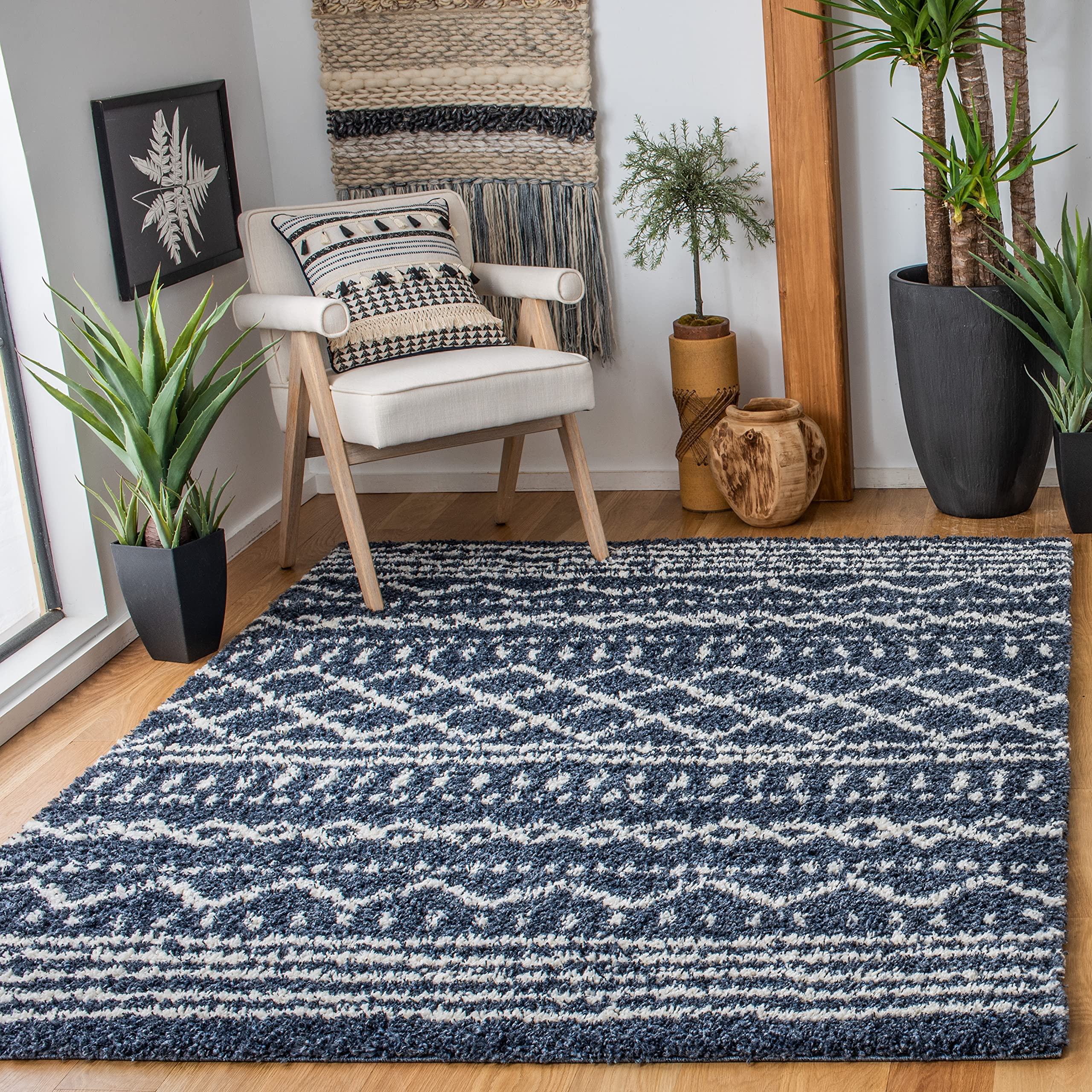 SAFAVIEH Arizona Shag Collection Area Rug - 6'7" x 9'2", Ivory & Beige, Moroccan Boho Design, Non-Shedding & Easy to Clean, Ideal for Living Room, Bedroom, Dining Space (ASG741A)
