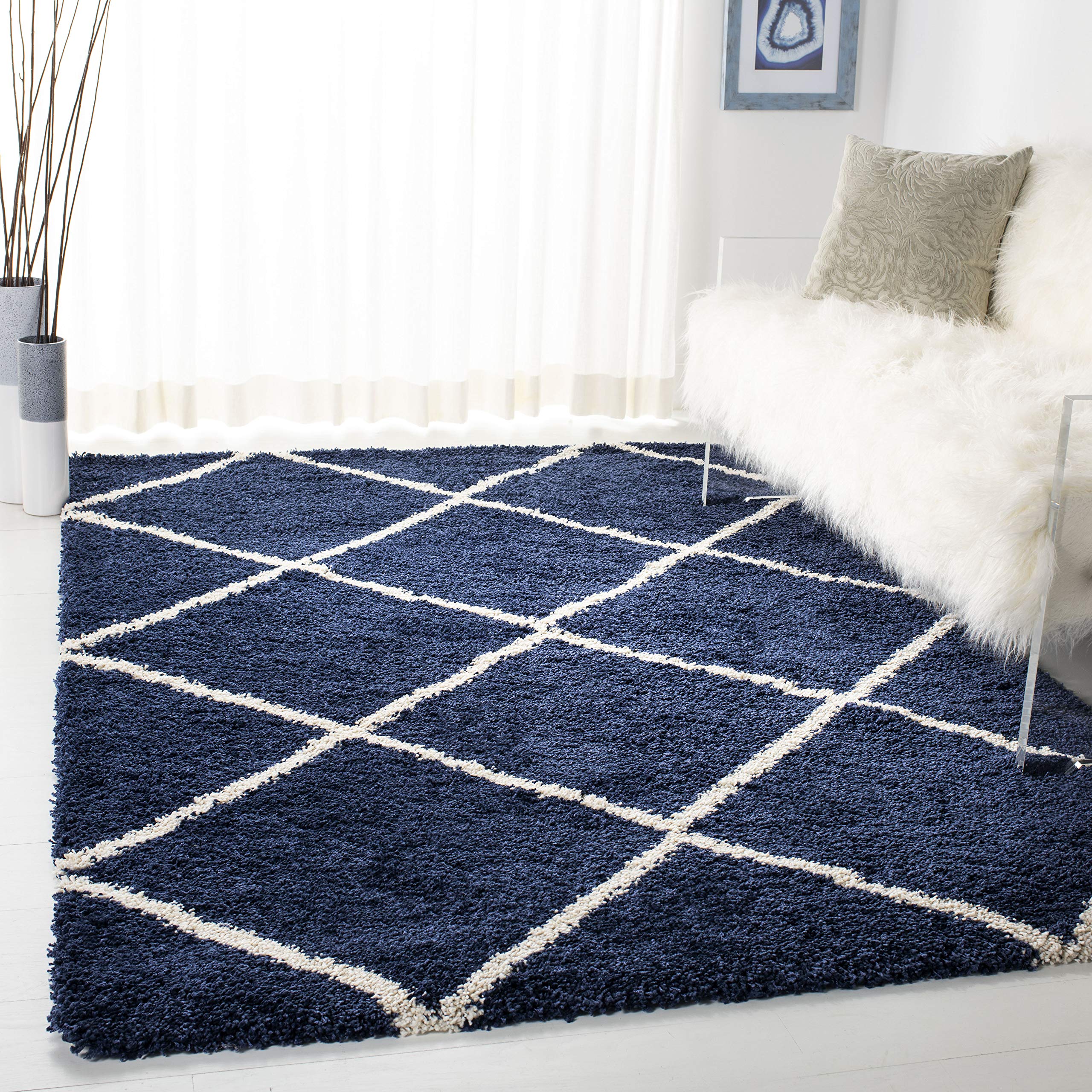 SAFAVIEH Hudson Shag Collection Area Rug - 5'3" x 7'6", Beige & Ivory, Modern Trellis Design, Non-Shedding & Easy Care, 2-inch Thick Ideal for High Traffic Areas in Living Room, Bedroom (SGH281S)