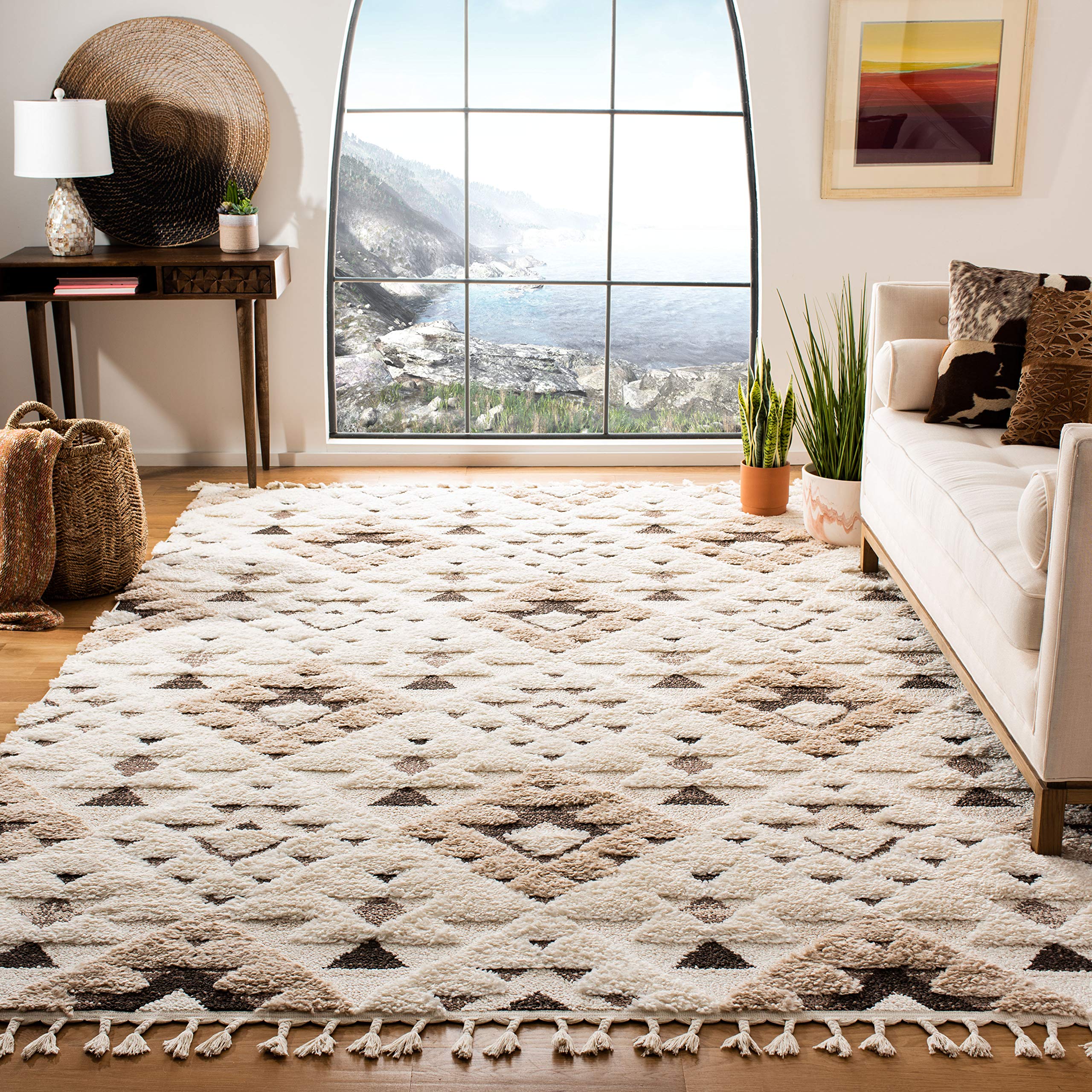 SAFAVIEH Moroccan Tassel Shag Collection Area Rug - 5'3" x 7'6", Ivory, Non-Shedding & Easy to Clean, Plush High-Low Texture, Ideal for Living Room, Bedroom, Dining Space (MTS688C)