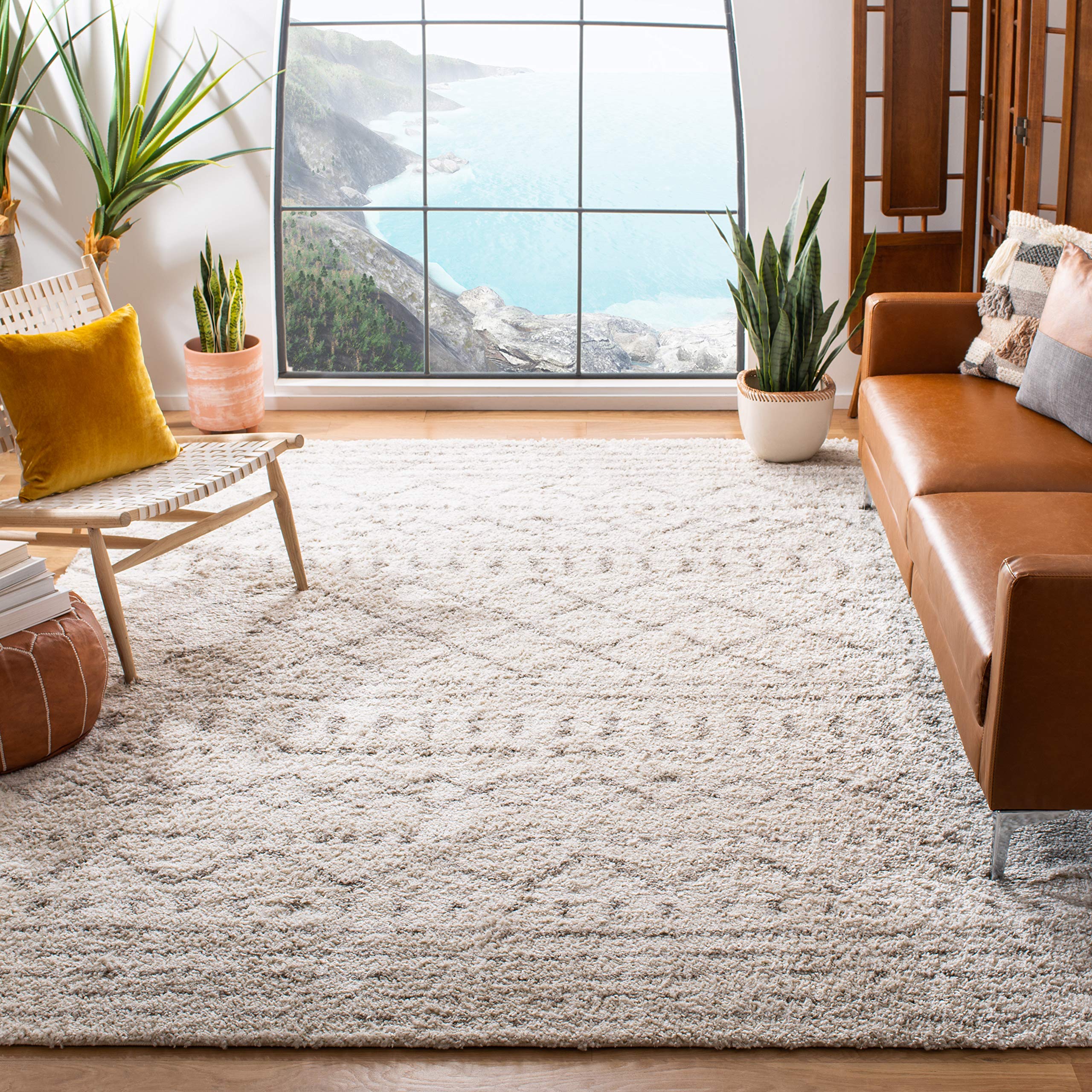 SAFAVIEH Arizona Shag Collection Area Rug - 6'7" x 9'2", Ivory & Beige, Moroccan Boho Design, Non-Shedding & Easy to Clean, Ideal for Living Room, Bedroom, Dining Space (ASG741A)