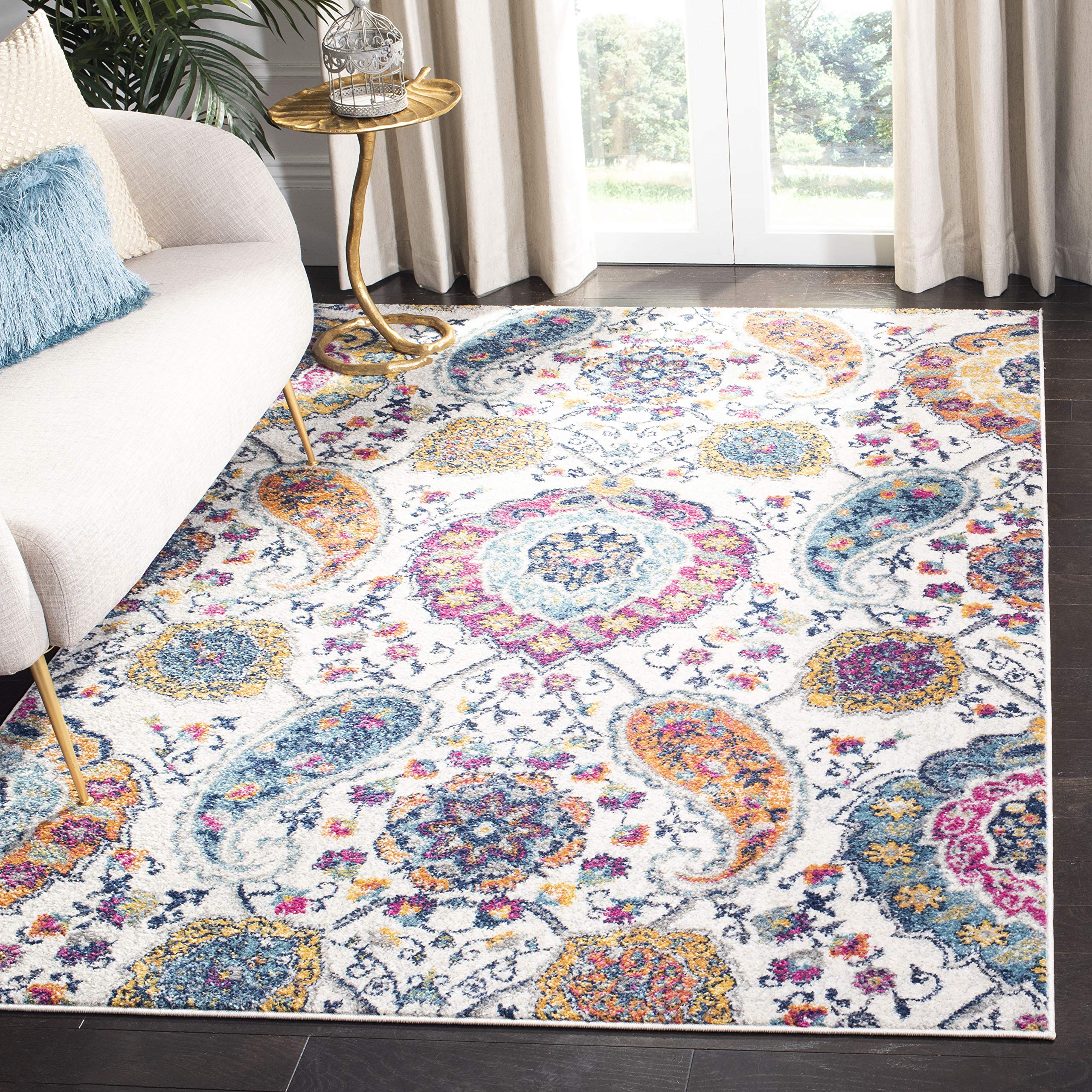 SAFAVIEH Madison Collection Area Rug - 5'3" x 7'6", Cream & Light Grey, Boho Chic Glam Paisley Design, Non-Shedding & Easy Care, Ideal for High Traffic Areas in Living Room, Bedroom (MAD600C)